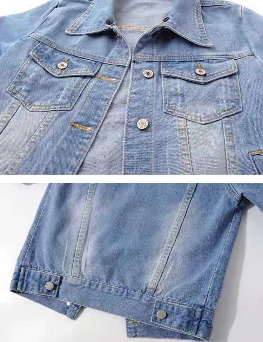 Huang’s Women’s Classical 3\/4 Short Sleeves All Season Denim Jacket for women Button Front Light Wash Cotton Denim Jacket