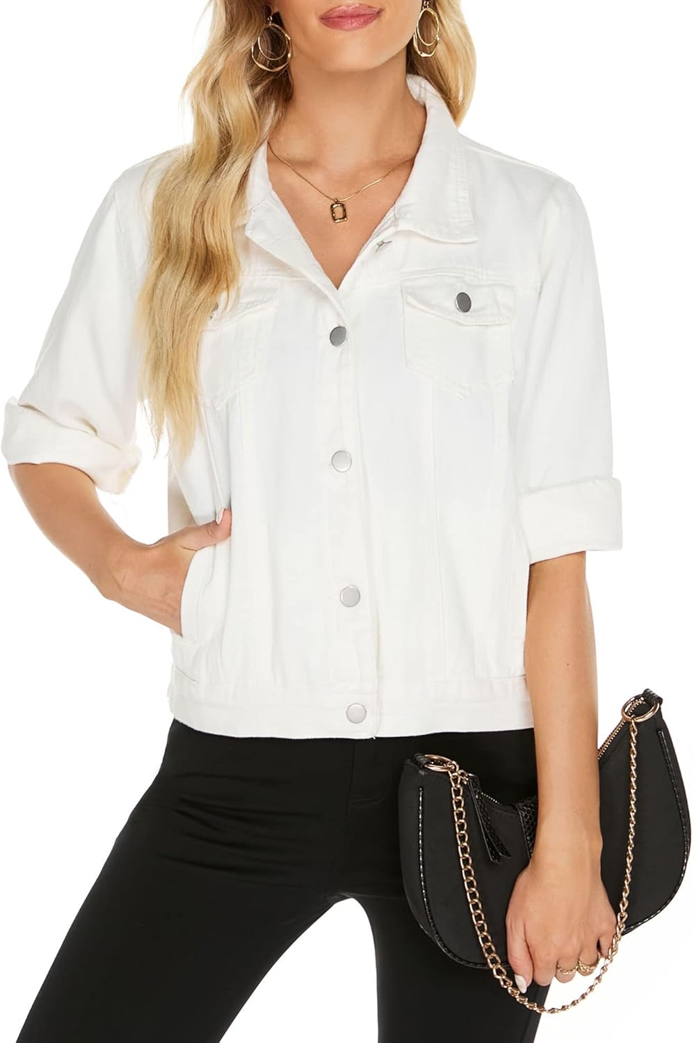 Huang’s Women’s Classical 3\/4 Short Sleeves All Season Denim Jacket for women Button Front Light Wash Cotton Denim Jacket