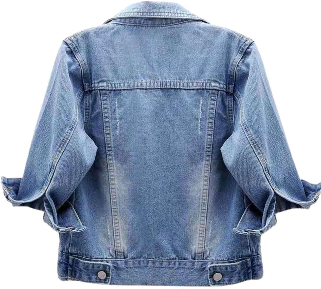 Huang’s Women’s Classical 3\/4 Short Sleeves All Season Denim Jacket for women Button Front Light Wash Cotton Denim Jacket