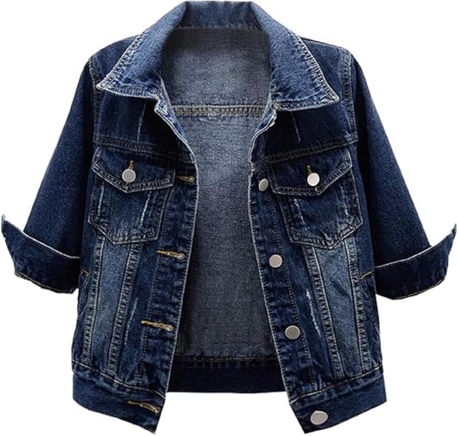 Huang’s Women’s Classical 3\/4 Short Sleeves All Season Denim Jacket for women Button Front Light Wash Cotton Denim Jacket
