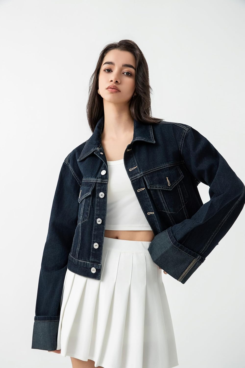 IjnUhb Women’s Cropped Denim Jacket Button Up Long Sleeve Turn-Up Cuff Jean Jacket Women Coat