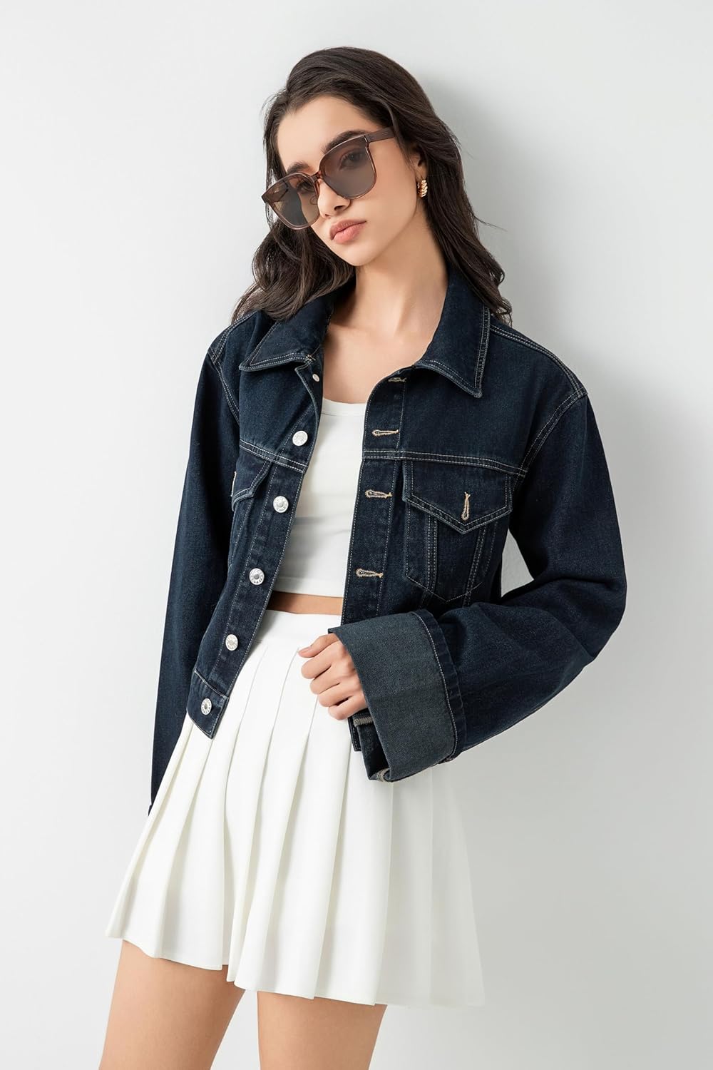 IjnUhb Women’s Cropped Denim Jacket Button Up Long Sleeve Turn-Up Cuff Jean Jacket Women Coat