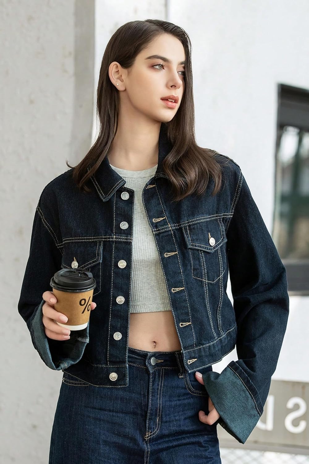 IjnUhb Women’s Cropped Denim Jacket Button Up Long Sleeve Turn-Up Cuff Jean Jacket Women Coat