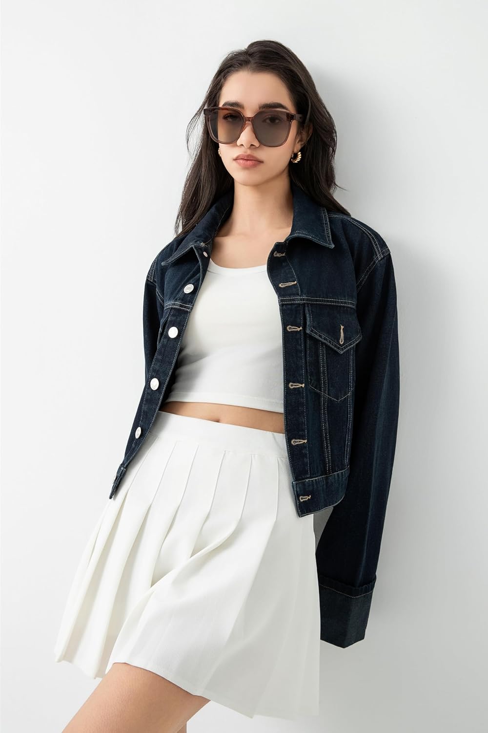 IjnUhb Women’s Cropped Denim Jacket Button Up Long Sleeve Turn-Up Cuff Jean Jacket Women Coat