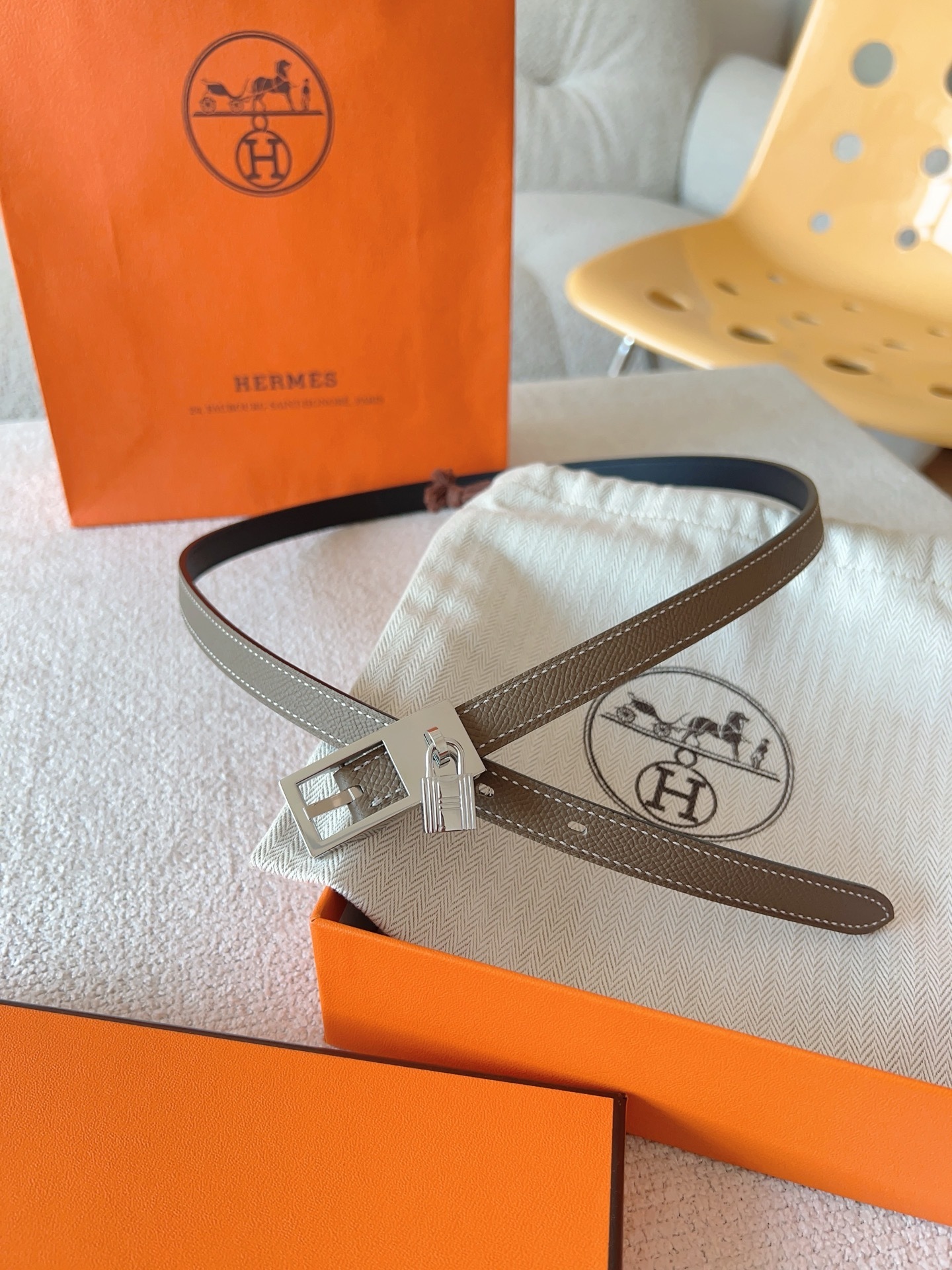 Hermes Kelly Double Tour Bracelet Etoupe Leather Silver Hardware