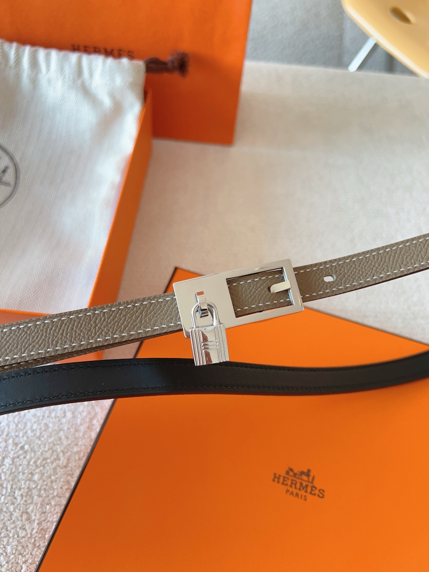 Hermes Kelly Double Tour Bracelet Etoupe Leather Silver Hardware