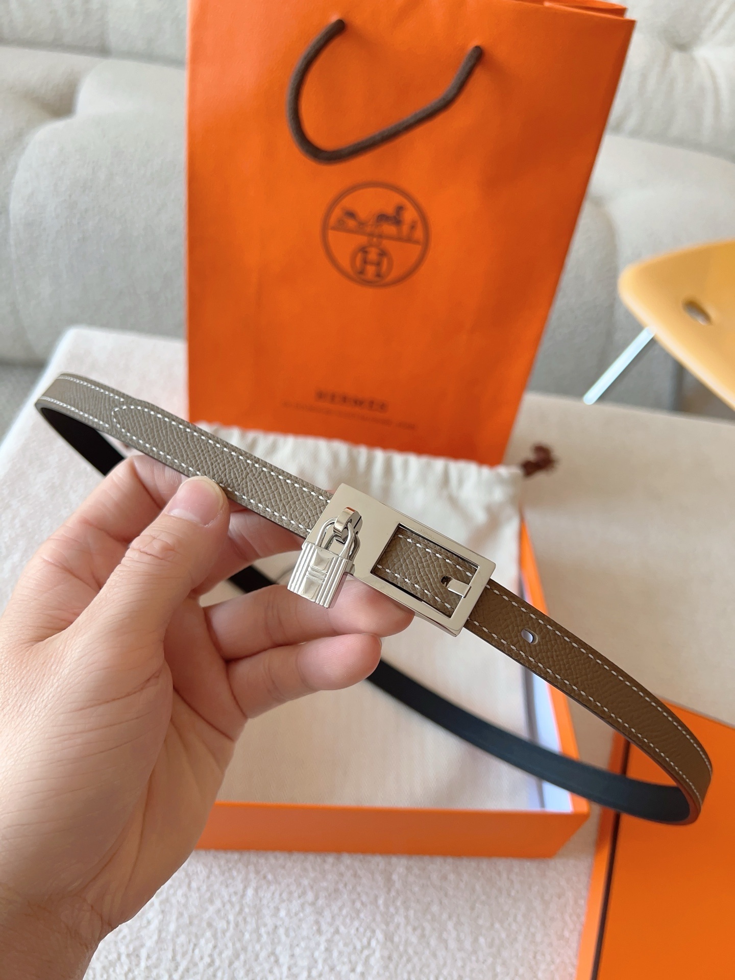 Hermes Kelly Double Tour Bracelet Etoupe Leather Silver Hardware