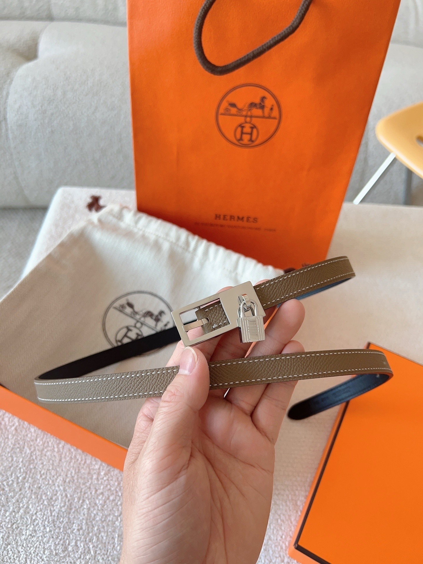 Hermes Kelly Double Tour Bracelet Etoupe Leather Silver Hardware