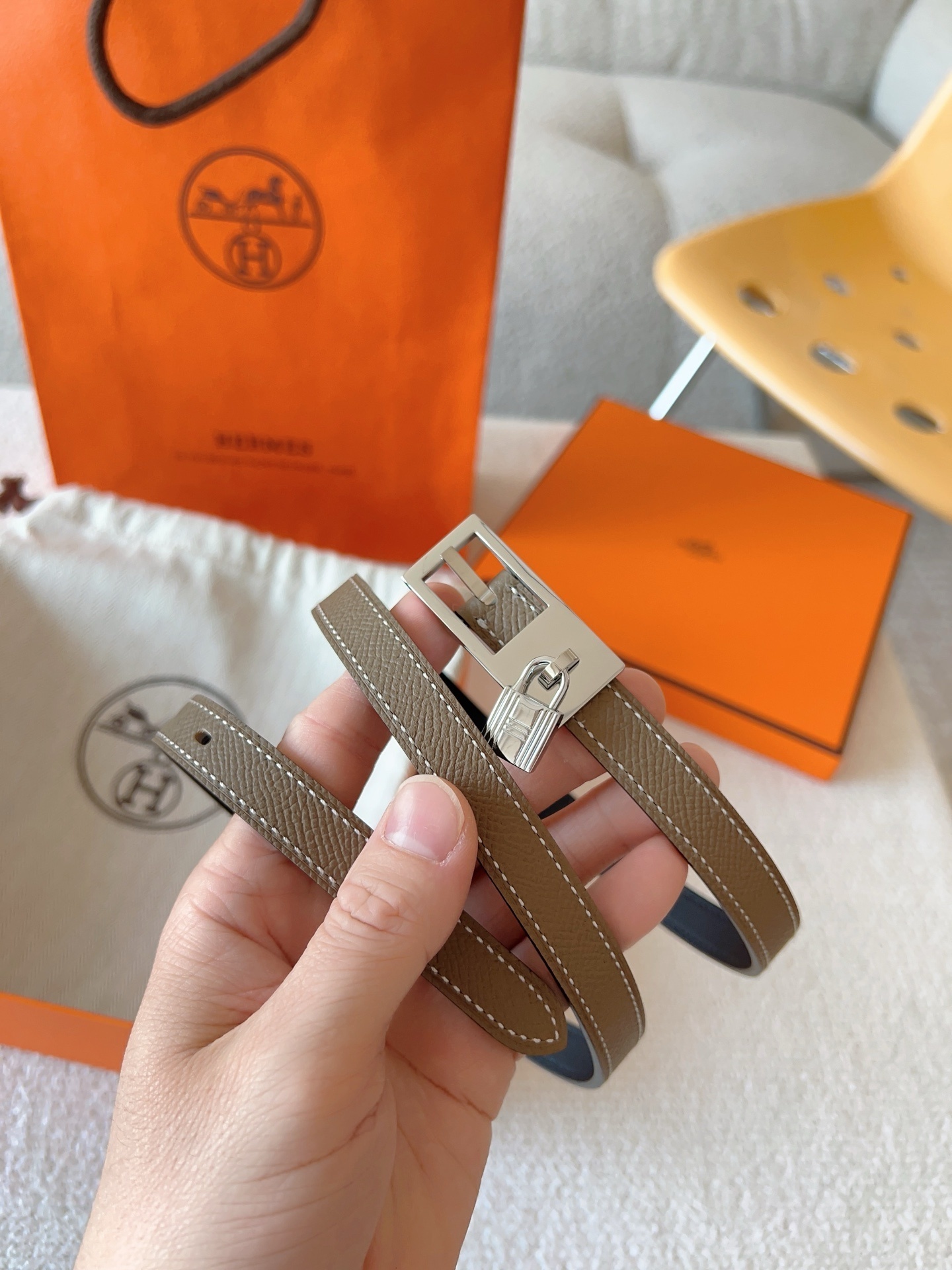 Hermes Kelly Double Tour Bracelet Etoupe Leather Silver Hardware