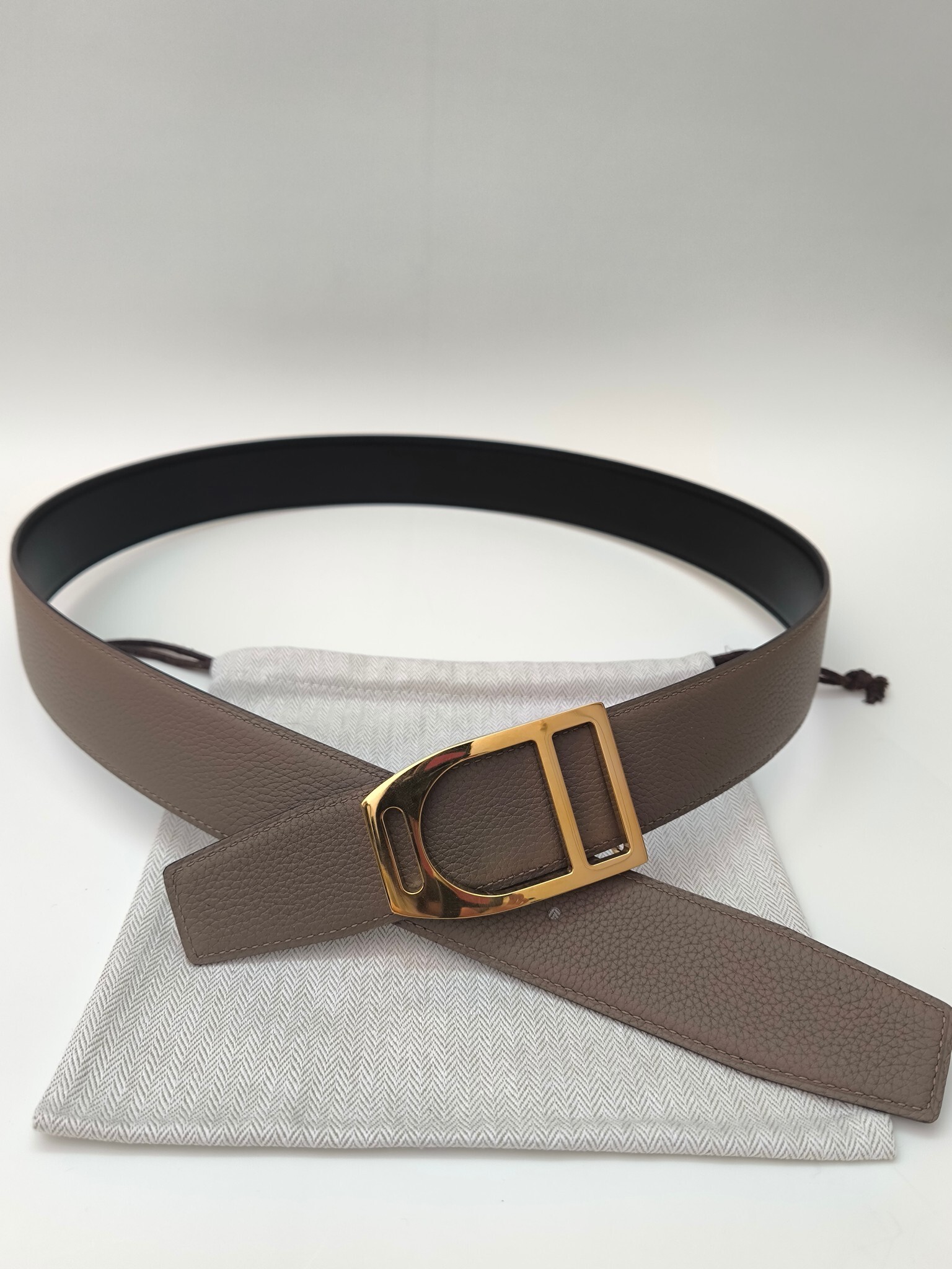 Hermès Reversible Etoupe Leather Belt with Gold-Tone Buckle