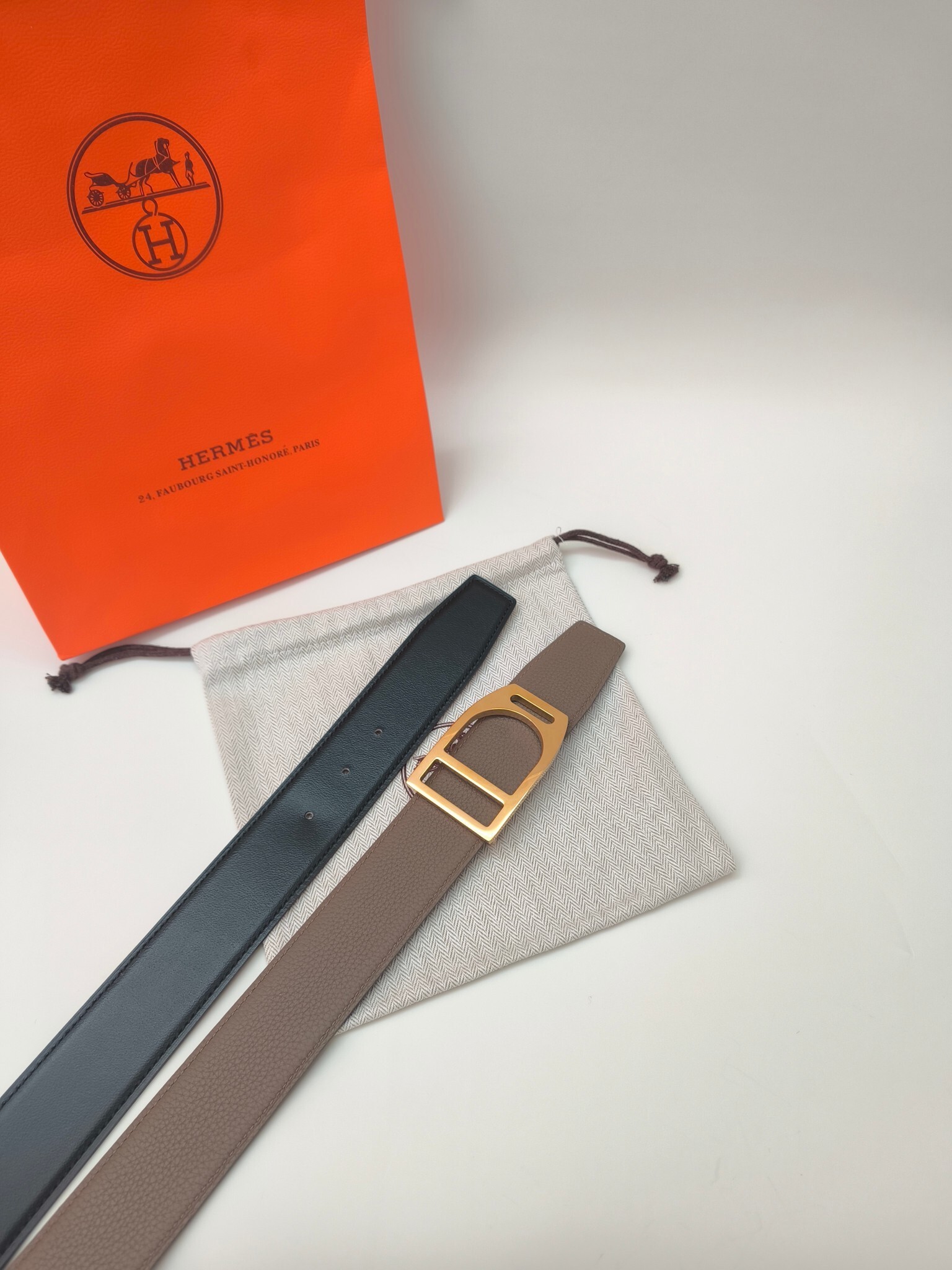 Hermès Reversible Etoupe Leather Belt with Gold-Tone Buckle