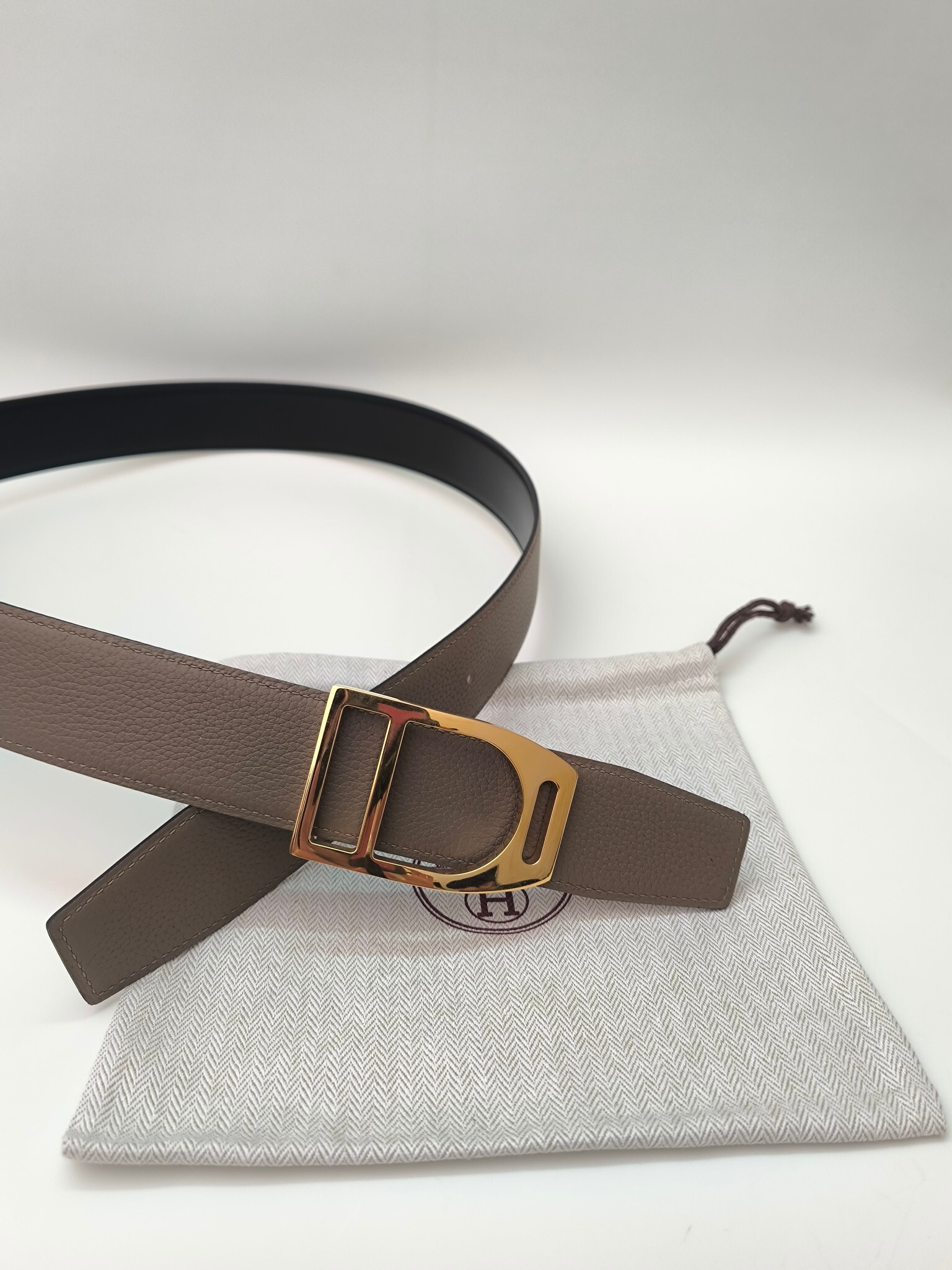 Hermès Reversible Etoupe Leather Belt with Gold-Tone Buckle