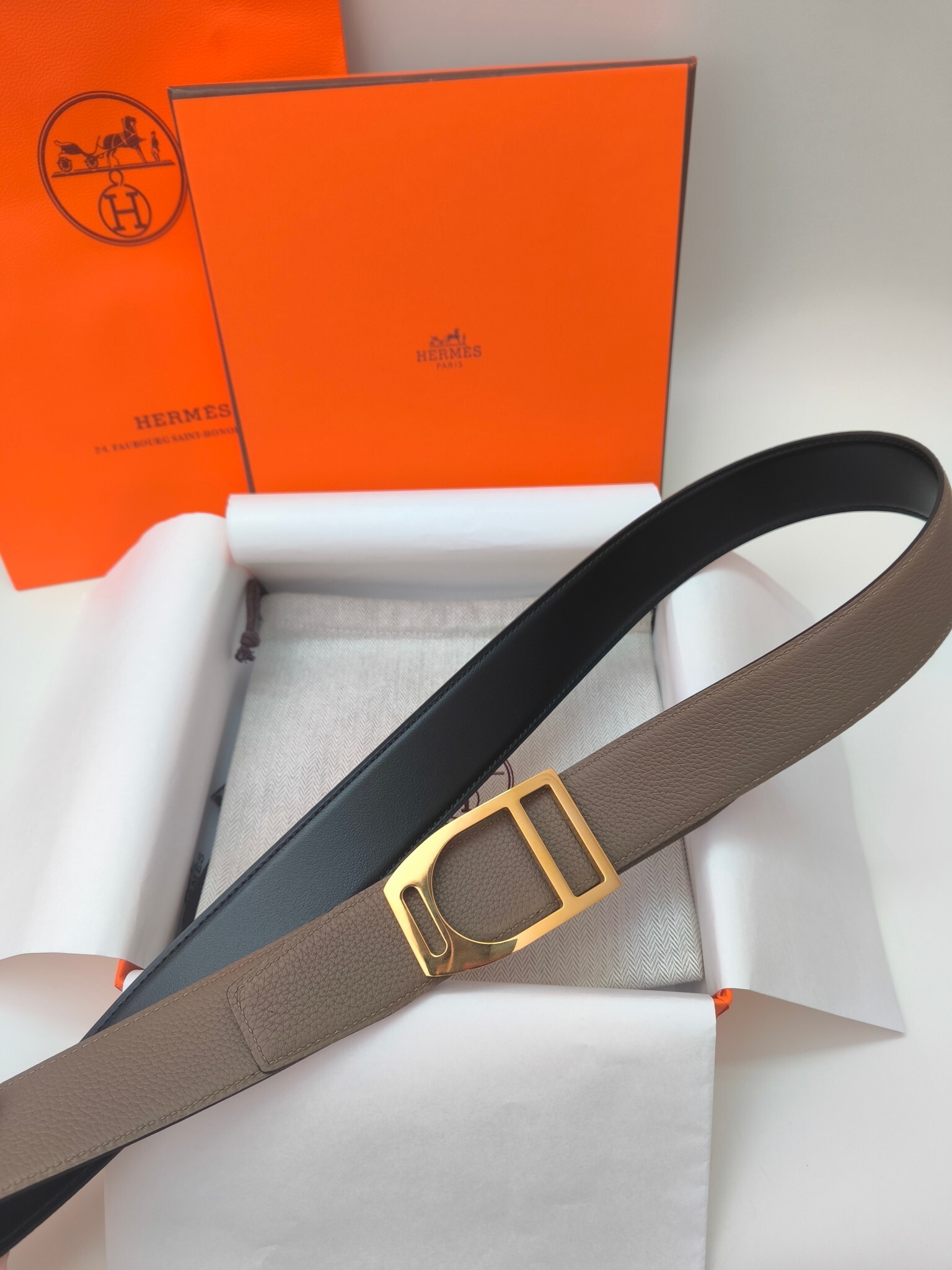 Hermès Reversible Etoupe Leather Belt with Gold-Tone Buckle