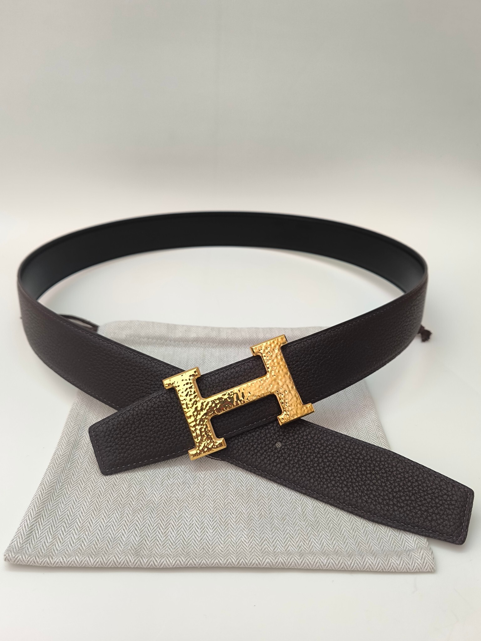 Luxury Hermes H Belt Hammered Gold Buckle Brown Togo Leather