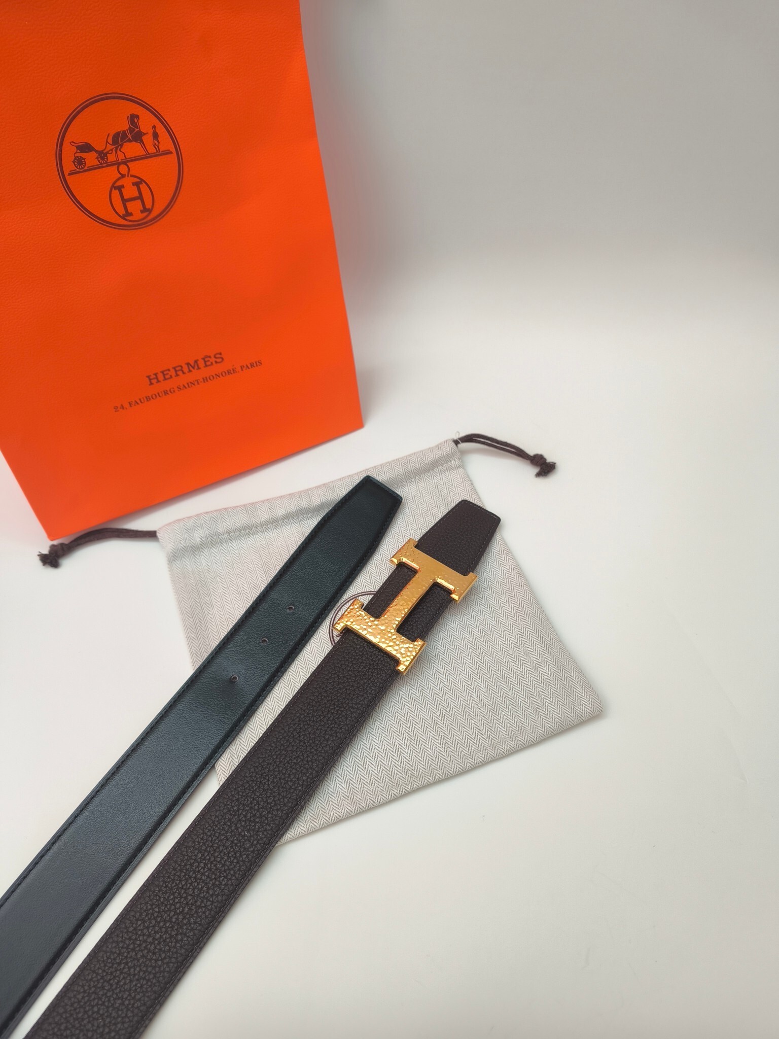 Luxury Hermes H Belt Hammered Gold Buckle Brown Togo Leather