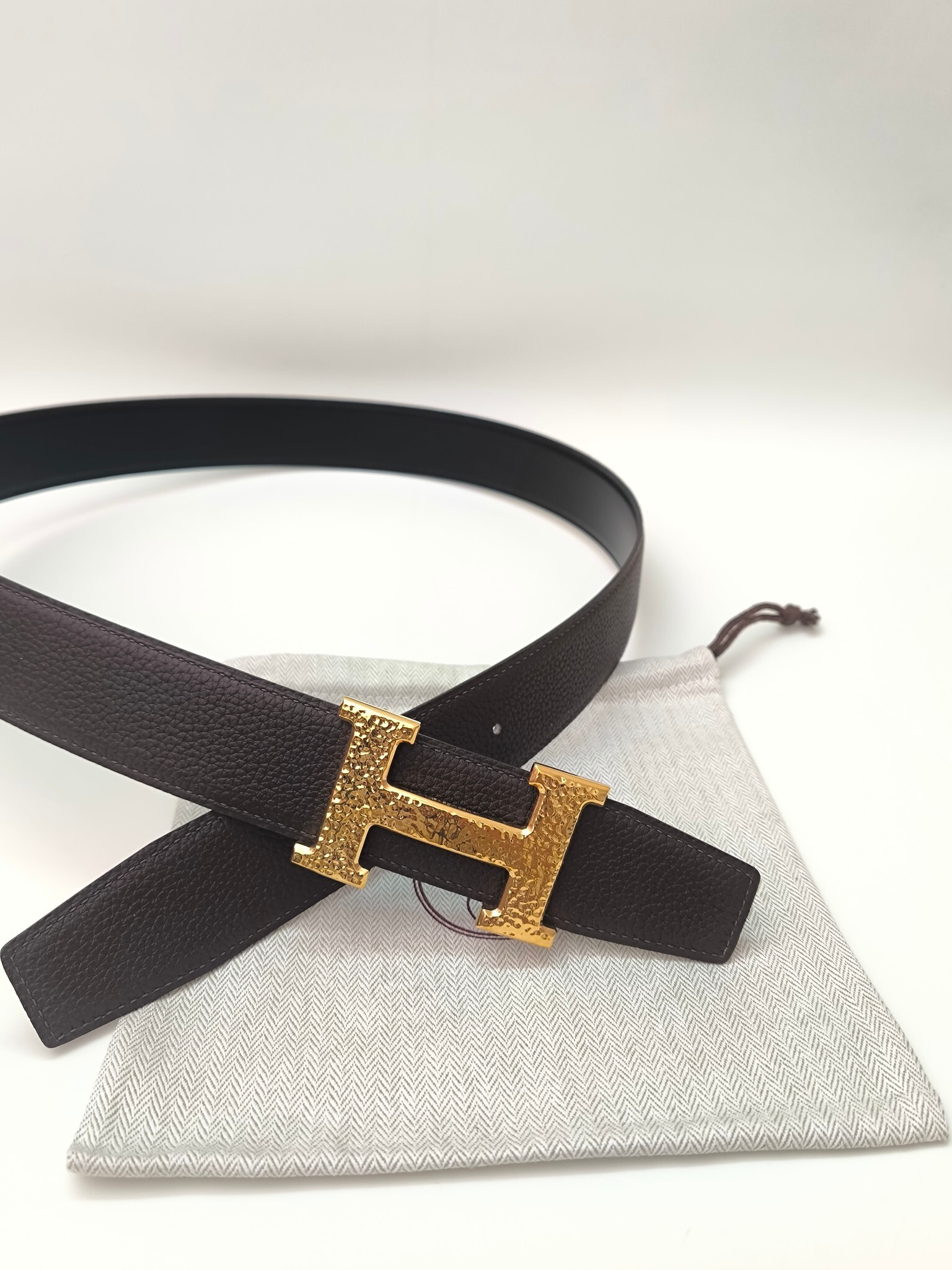 Luxury Hermes H Belt Hammered Gold Buckle Brown Togo Leather