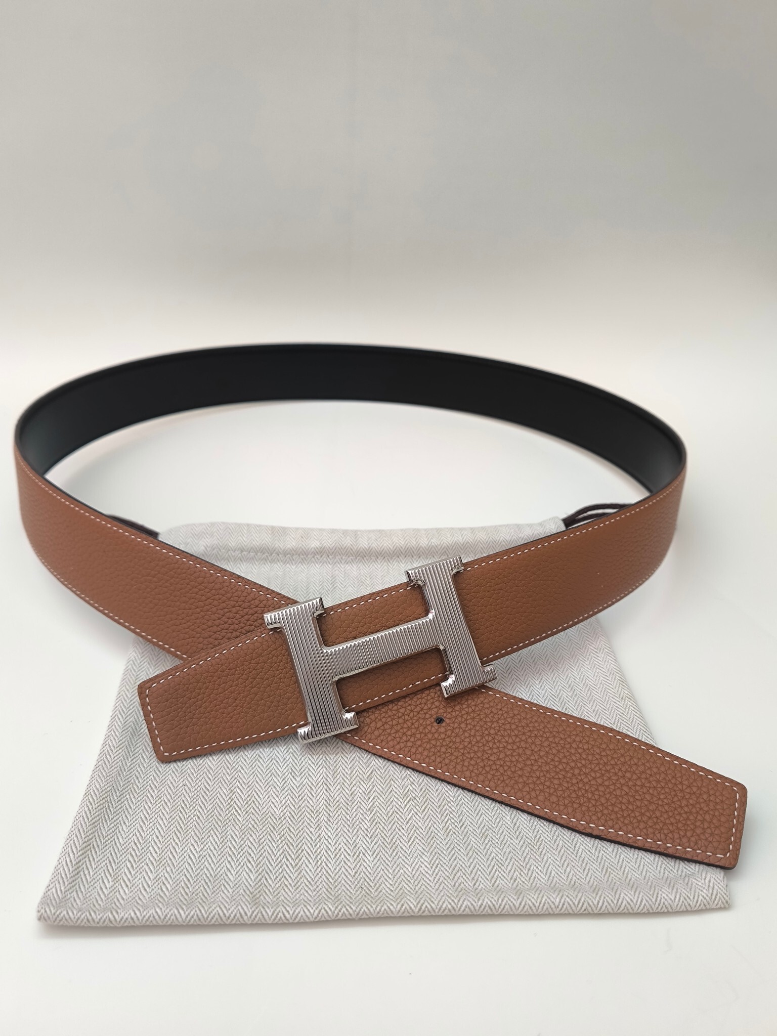 Classic Reversible Leather Belt with Silver Textured H Buckle