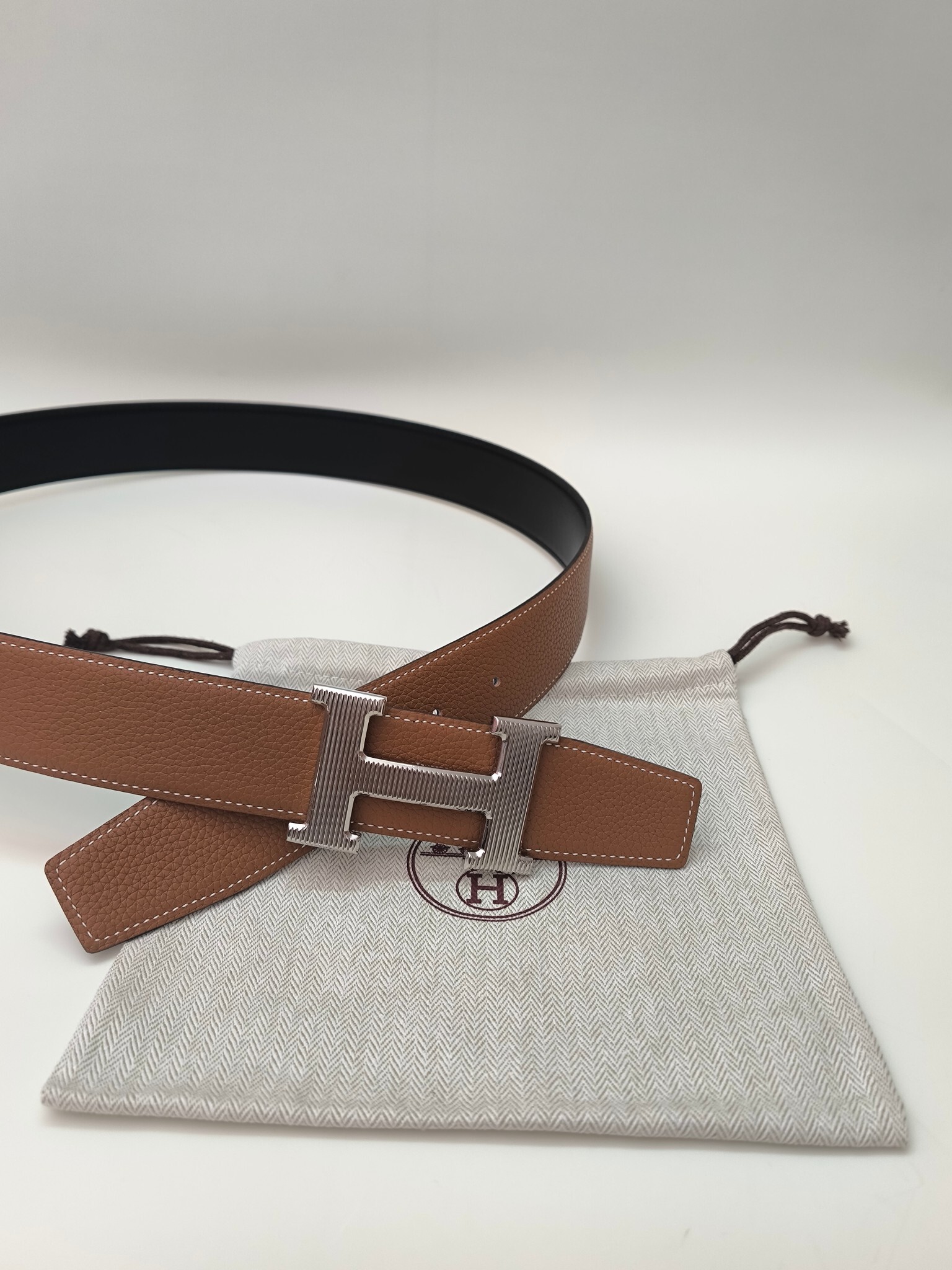 Classic Reversible Leather Belt with Silver Textured H Buckle
