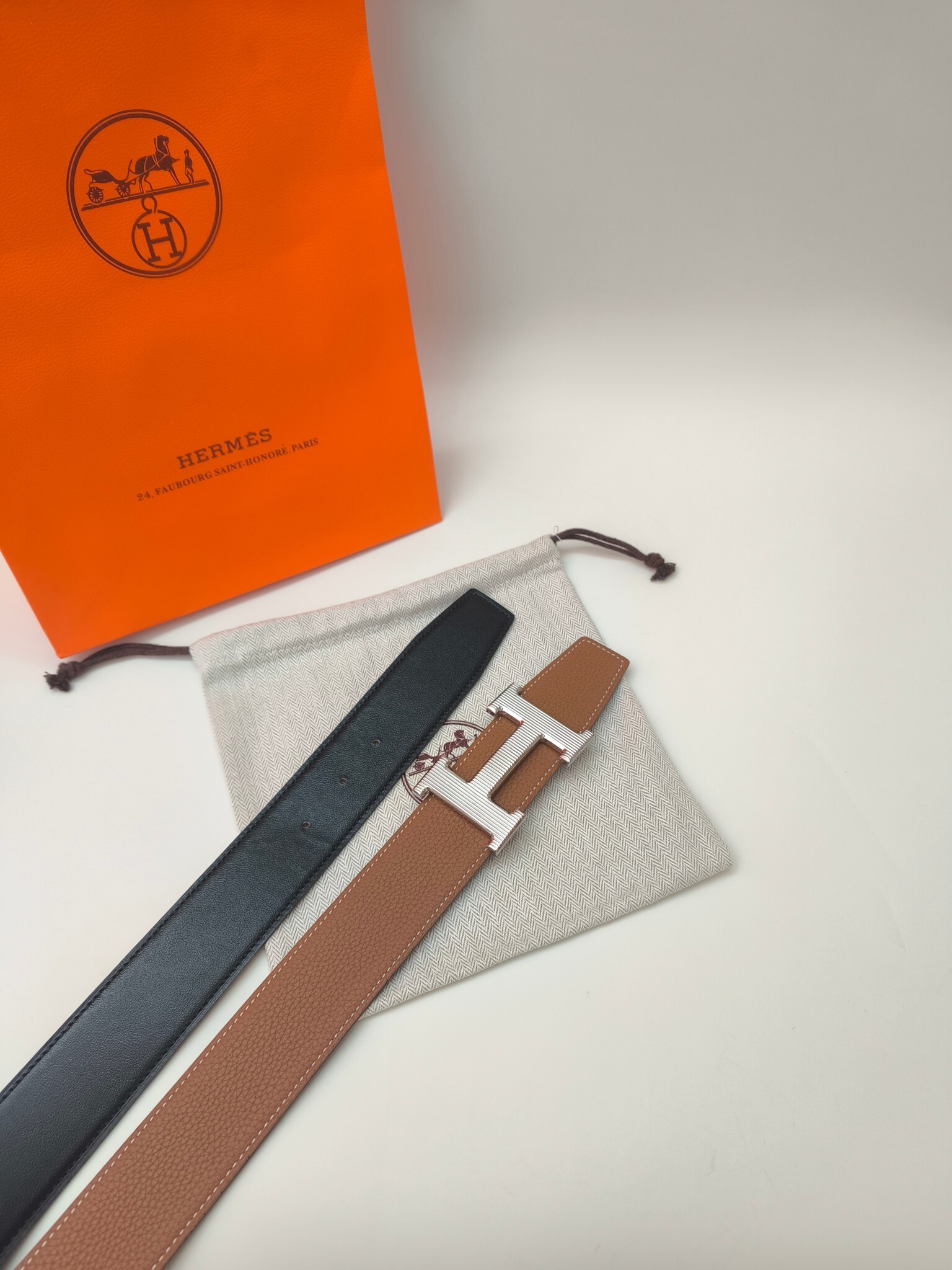 Classic Reversible Leather Belt with Silver Textured H Buckle