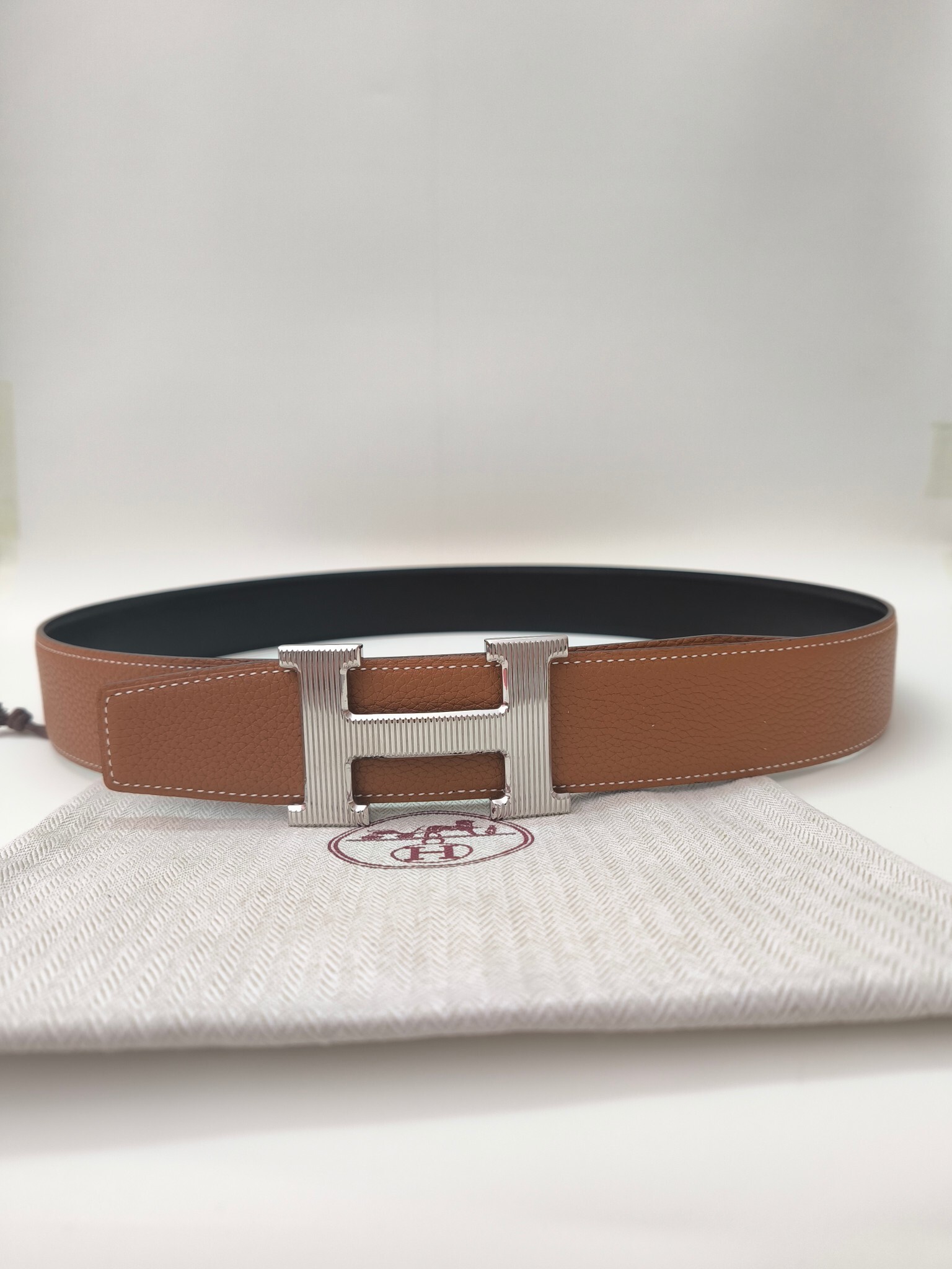 Classic Reversible Leather Belt with Silver Textured H Buckle