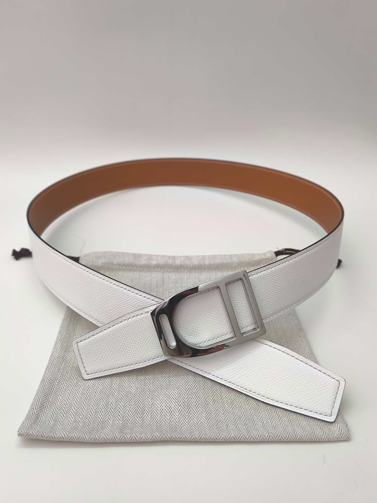 Hermès Reversible Epsom Leather Belt - White & Tan Silver Buckle