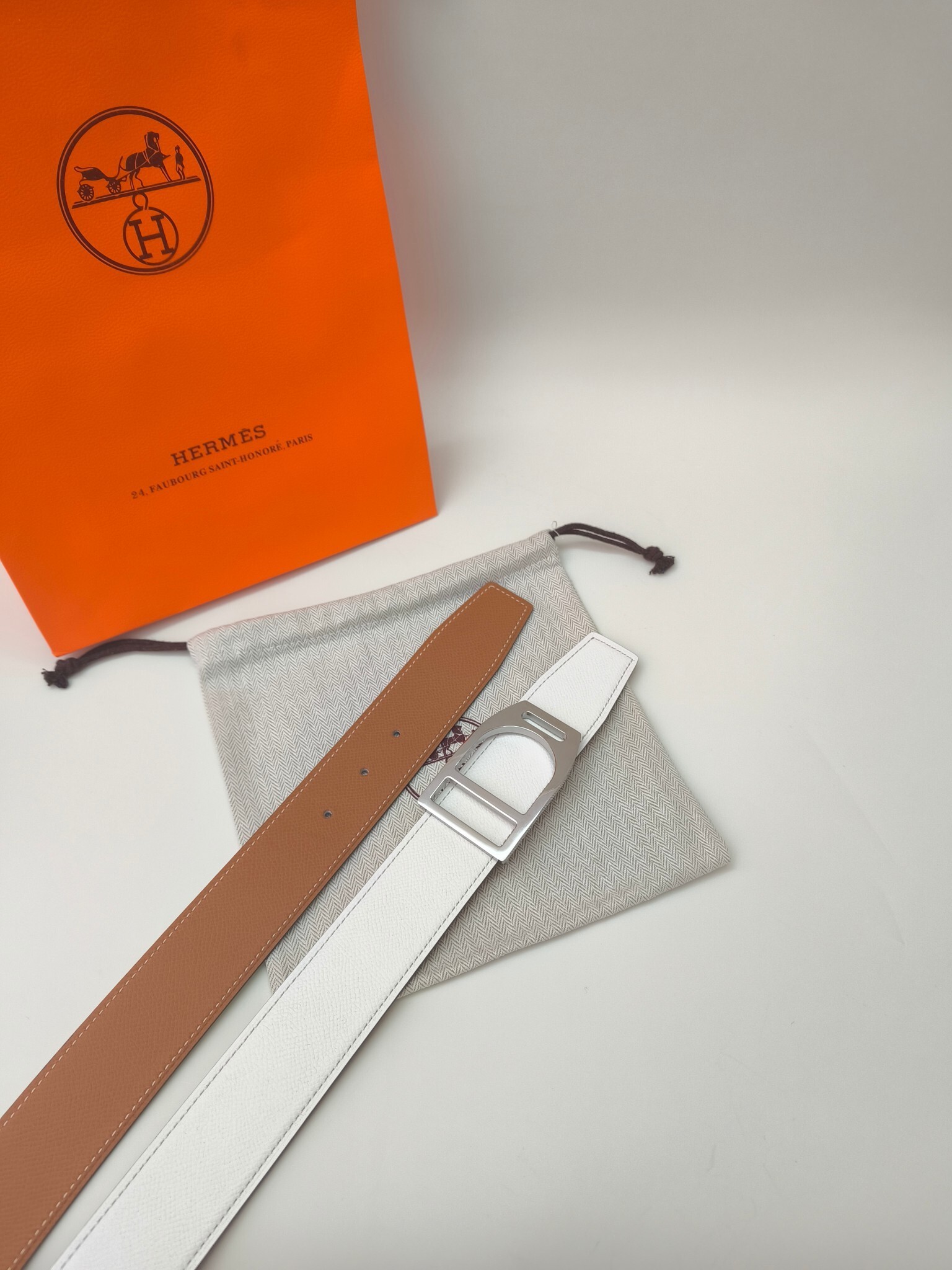 Hermès Reversible Epsom Leather Belt - White & Tan Silver Buckle
