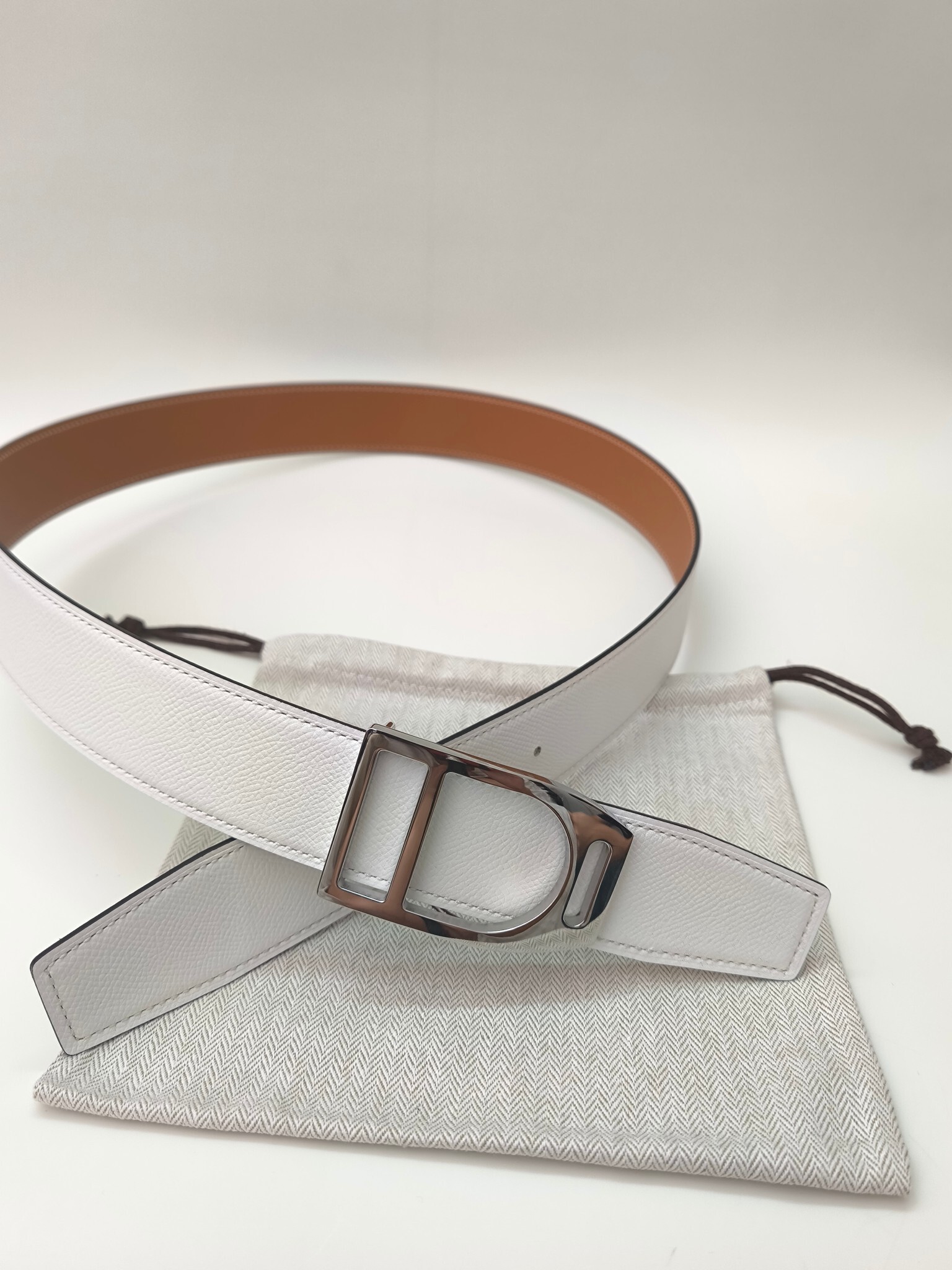 Hermès Reversible Epsom Leather Belt - White & Tan Silver Buckle