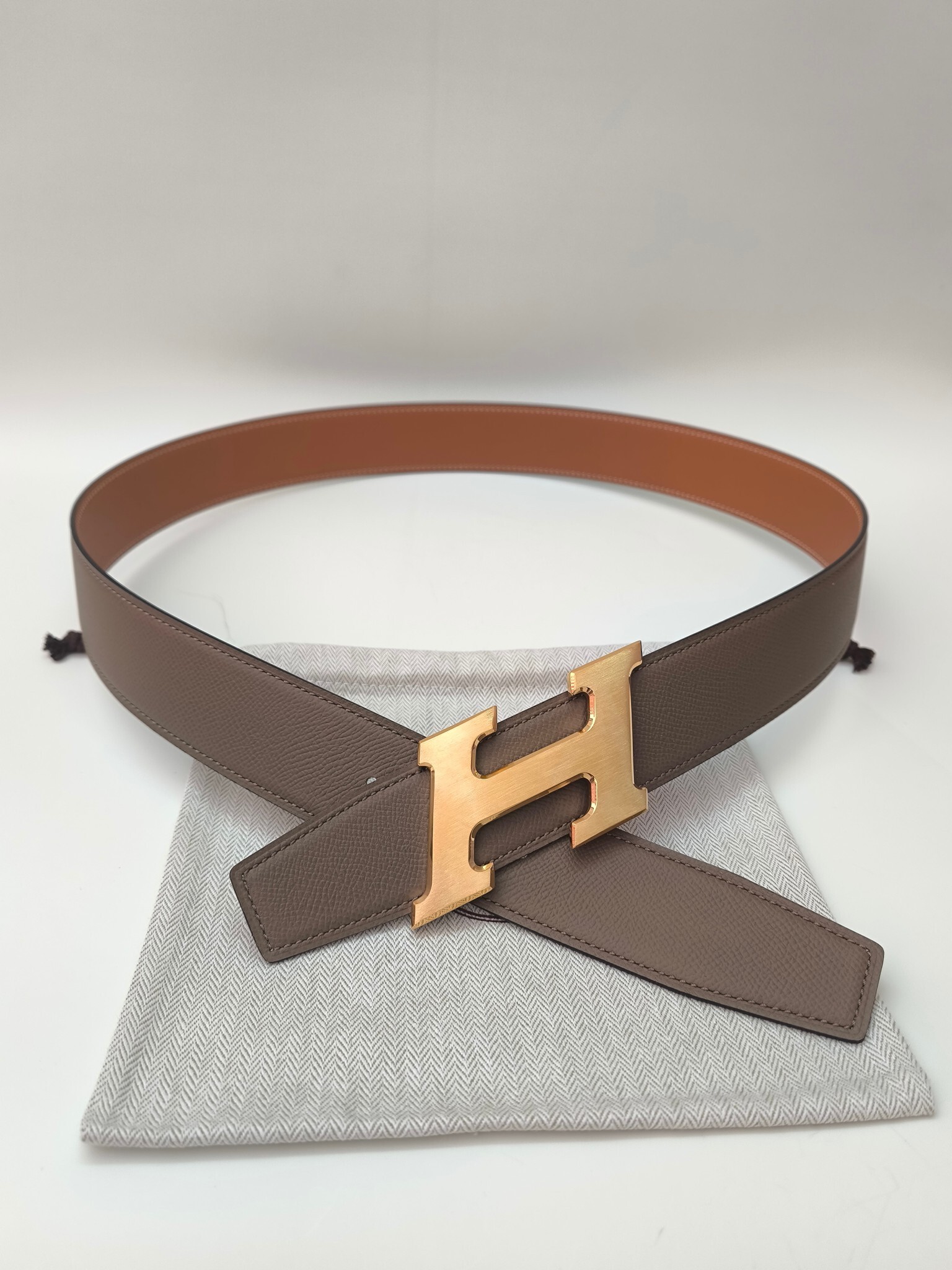 Hermès H Buckle Reversible Leather Belt - Etoupe and Gold