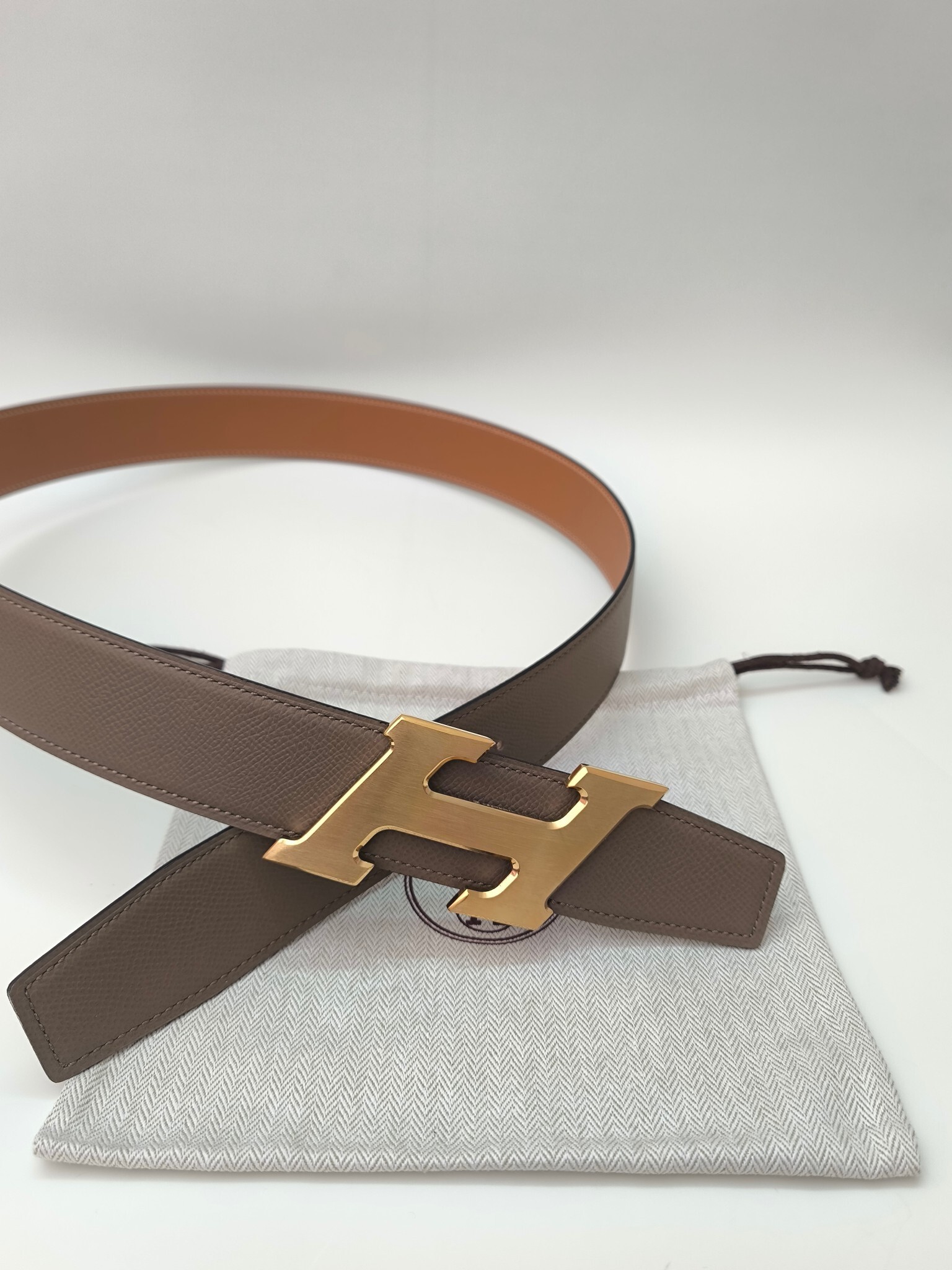 Hermès H Buckle Reversible Leather Belt - Etoupe and Gold