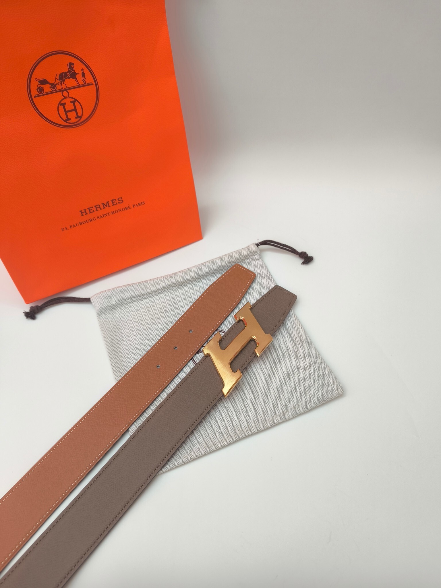 Hermès H Buckle Reversible Leather Belt - Etoupe and Gold