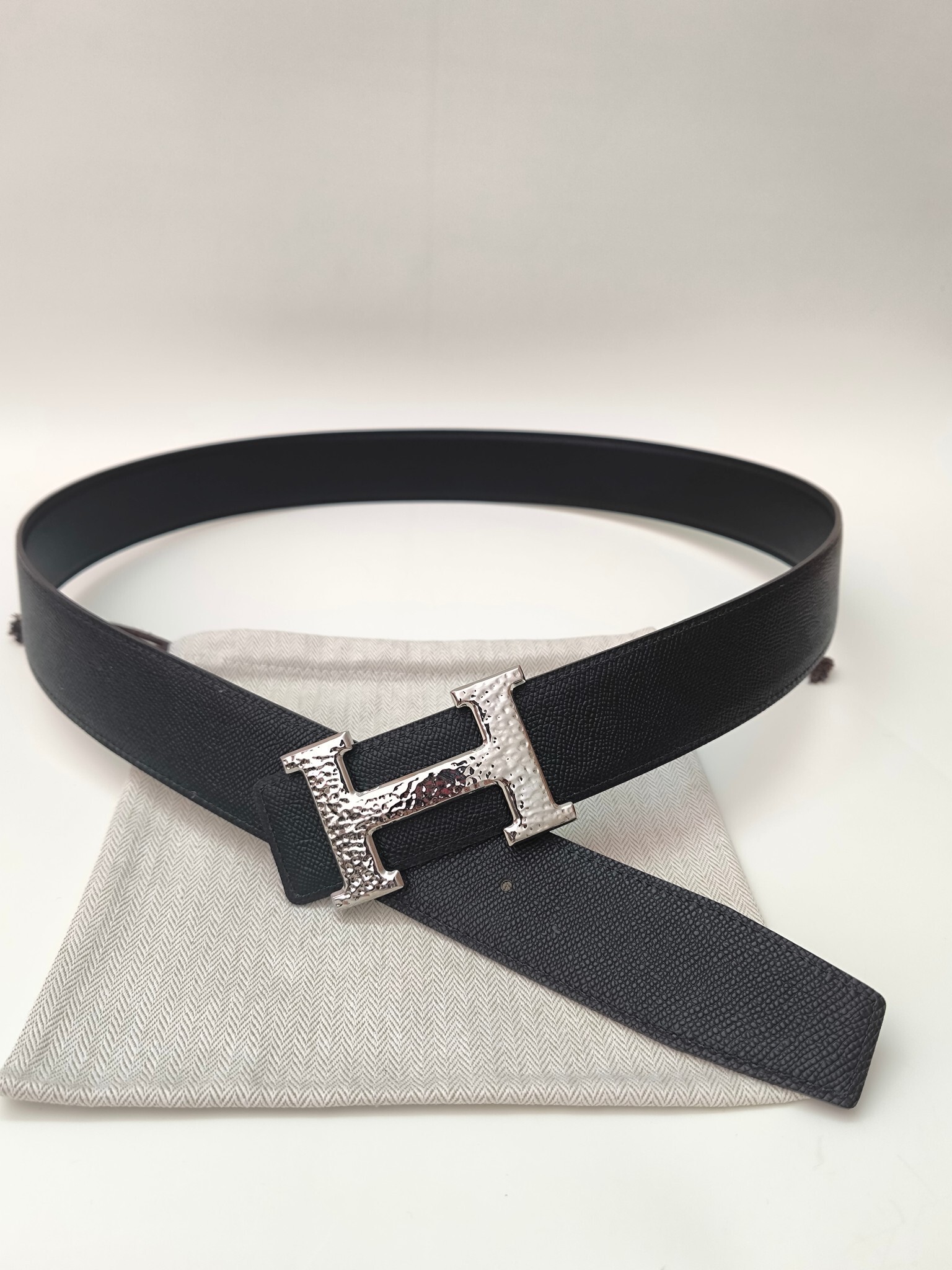Hermès Men's H Belt with Hammered Silver Buckle & Black Leather