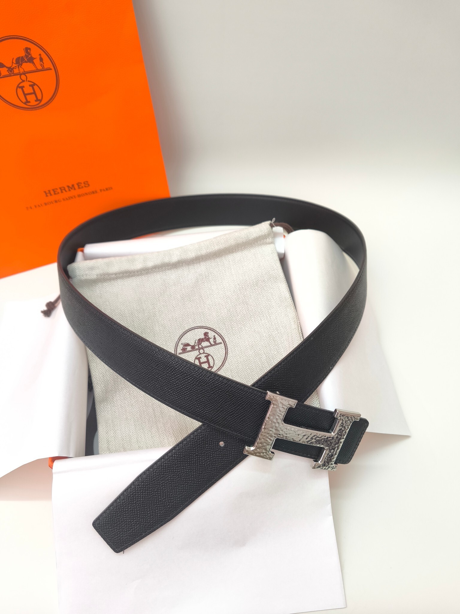 Hermès Men's H Belt with Hammered Silver Buckle & Black Leather