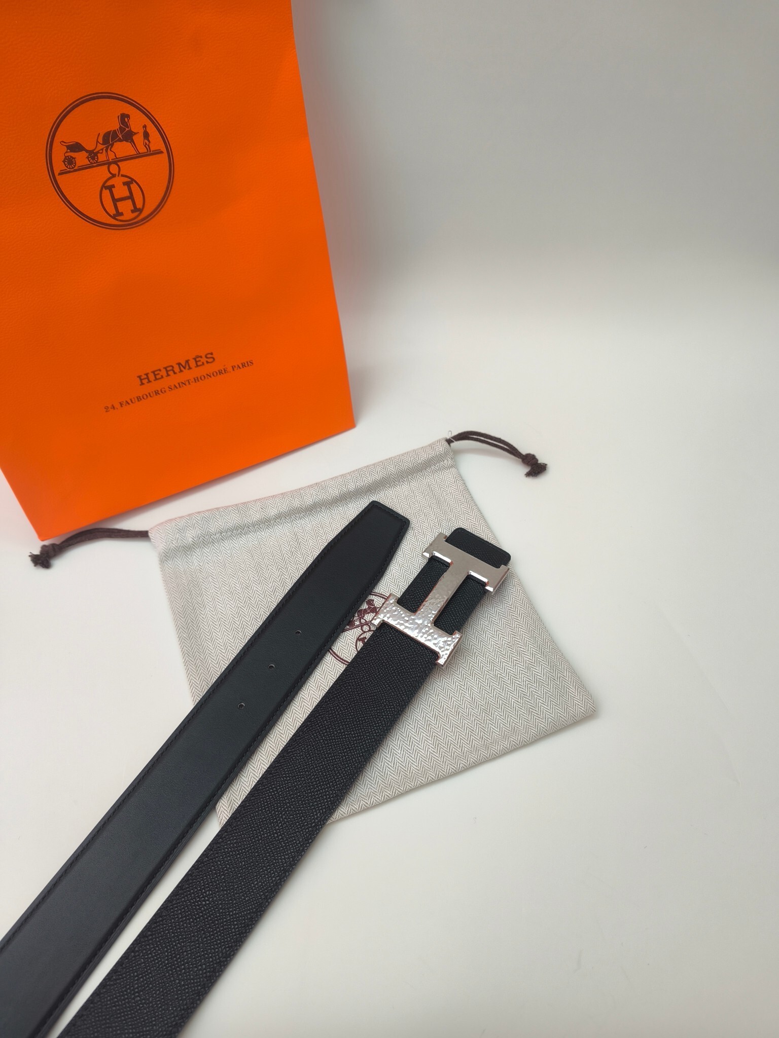 Hermès Men's H Belt with Hammered Silver Buckle & Black Leather