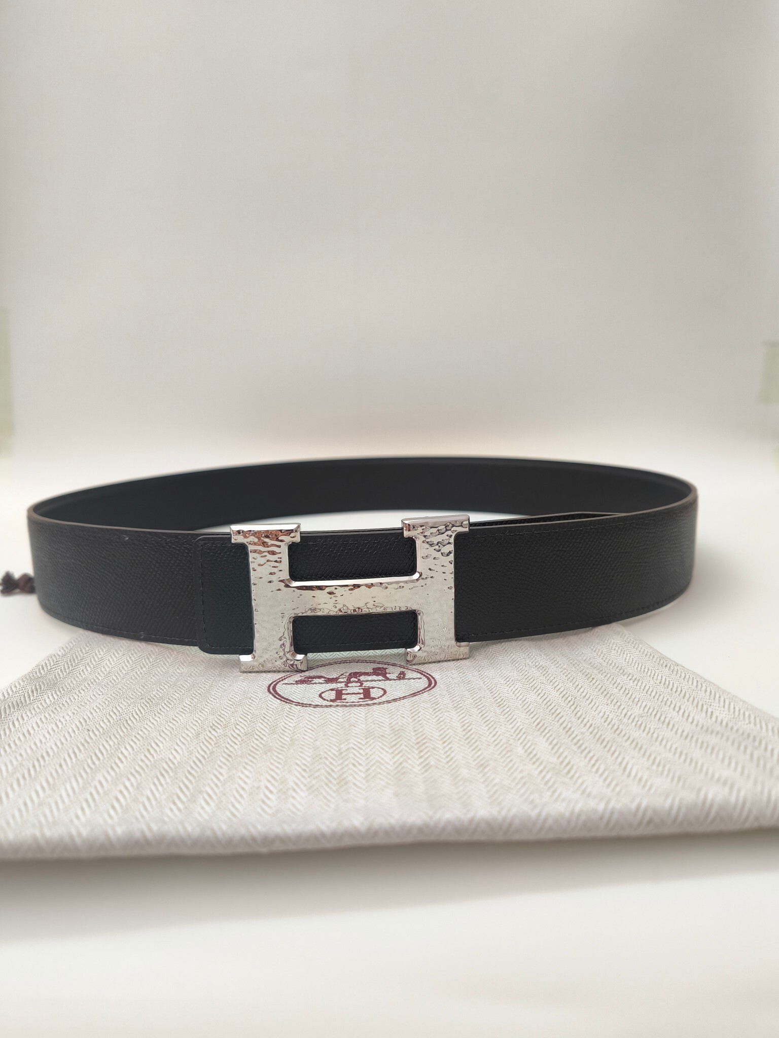 Hermès Men’s H Belt with Hammered Silver Buckle & Black Leather