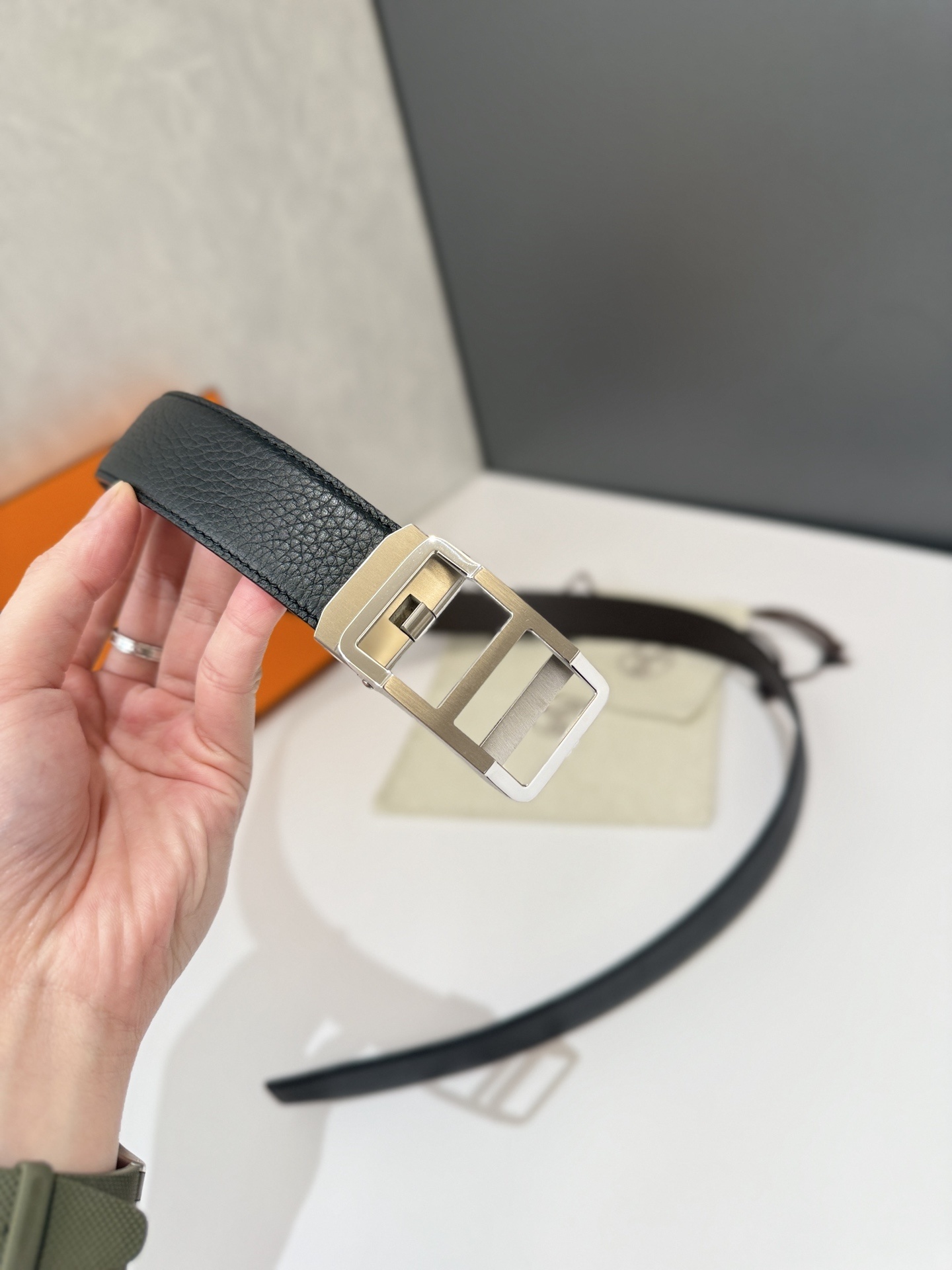 Hermes Men's Black Grained Leather Belt with Silver H Buckle