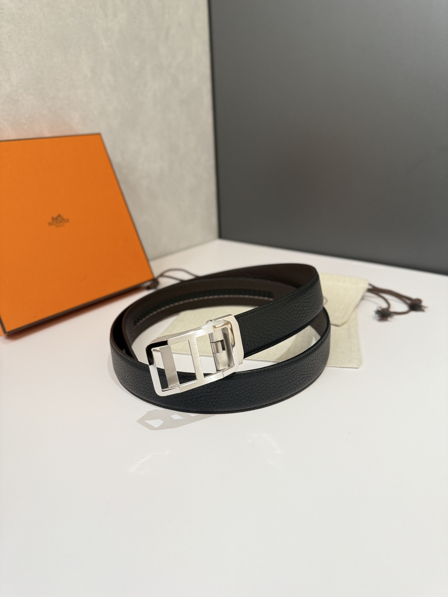 Hermes Men's Black Grained Leather Belt with Silver H Buckle
