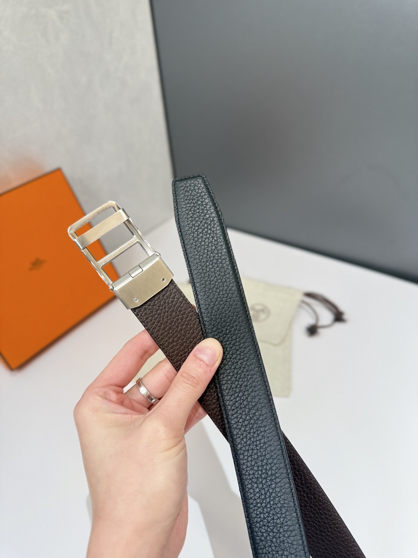 Hermes Men's Black Grained Leather Belt with Silver H Buckle