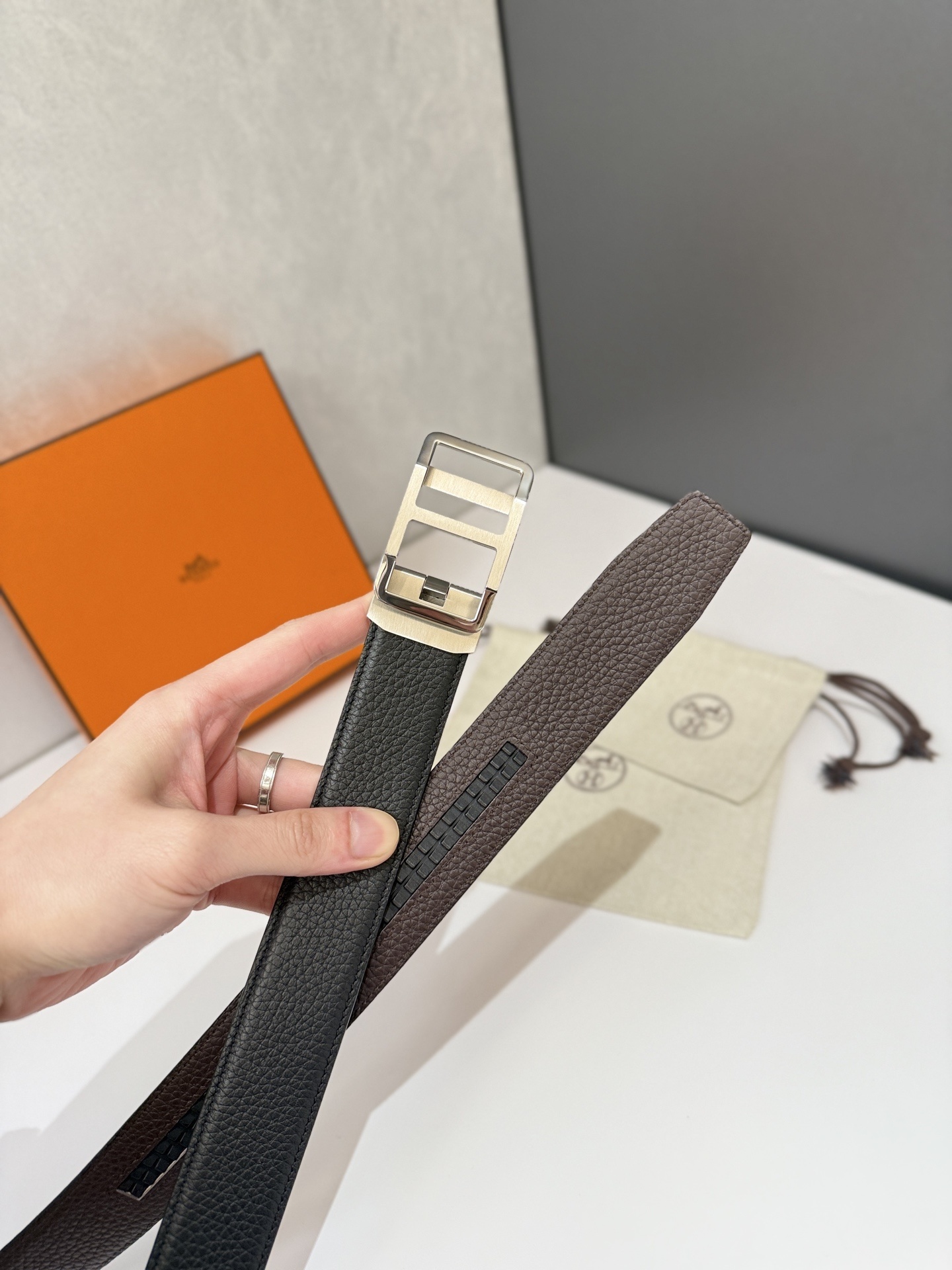 Hermes Men's Black Grained Leather Belt with Silver H Buckle