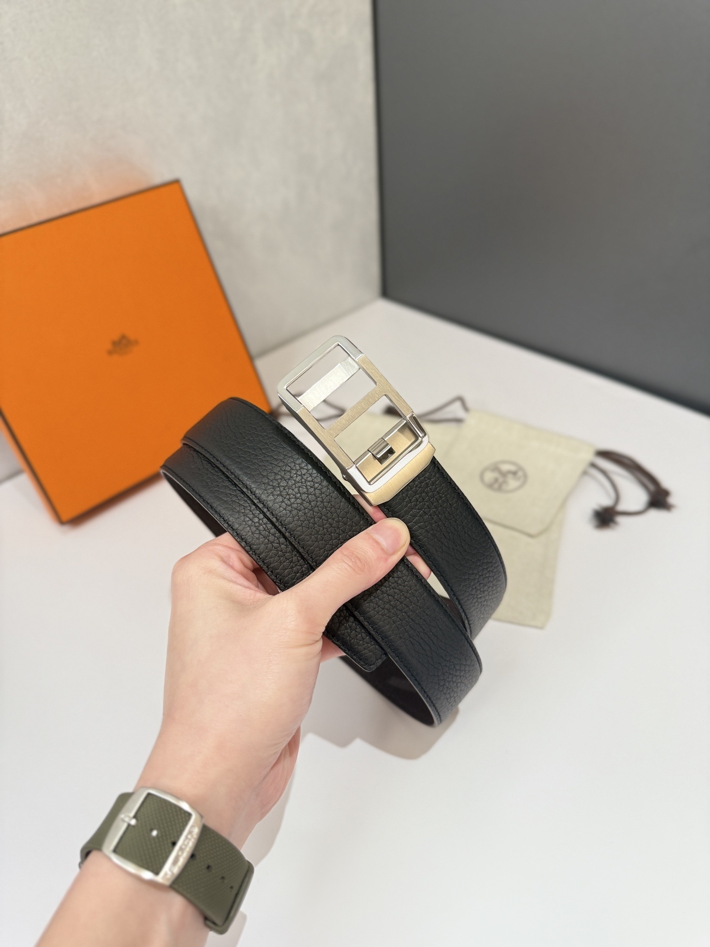 Hermes Men's Black Grained Leather Belt with Silver H Buckle