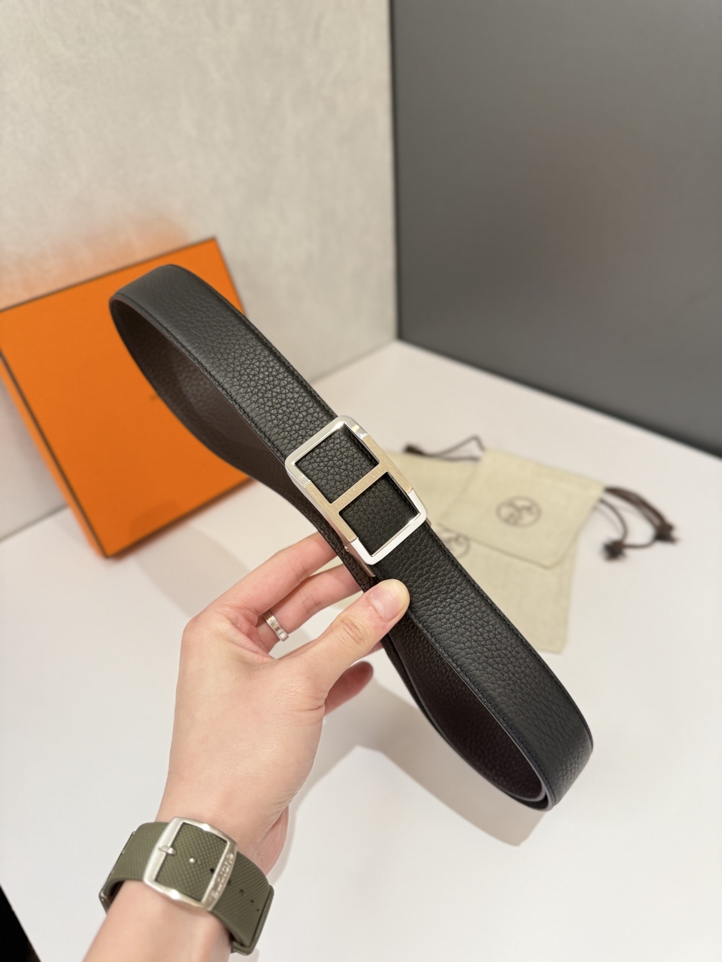 Hermes Men’s Black Grained Leather Belt with Silver H Buckle