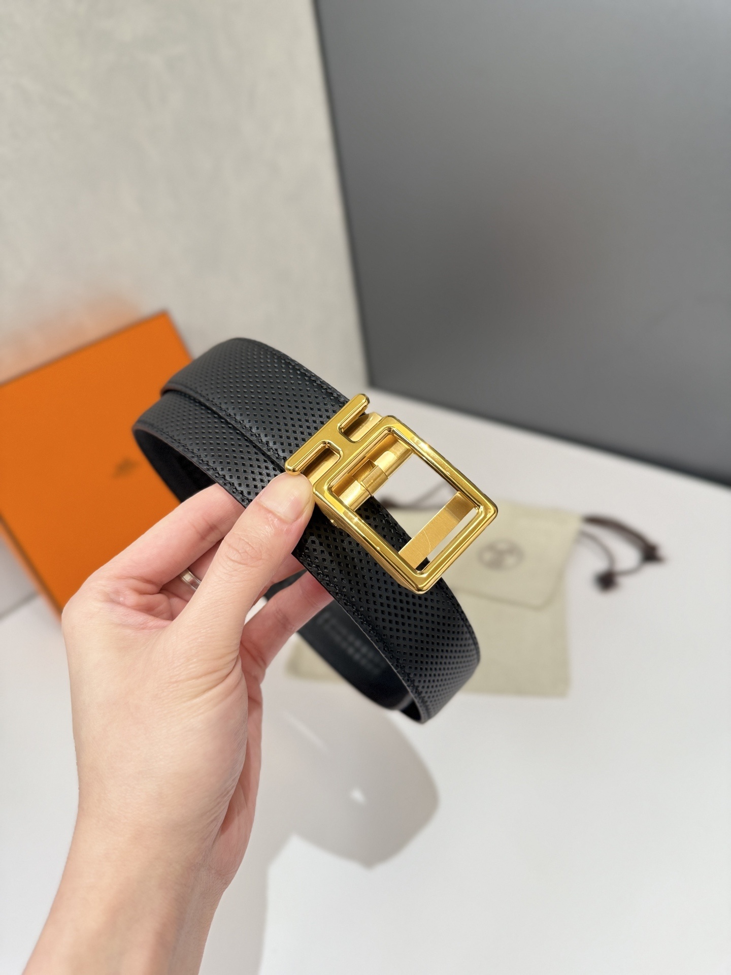 Luxury Men's Perforated Black Leather Belt with Gold H Buckle