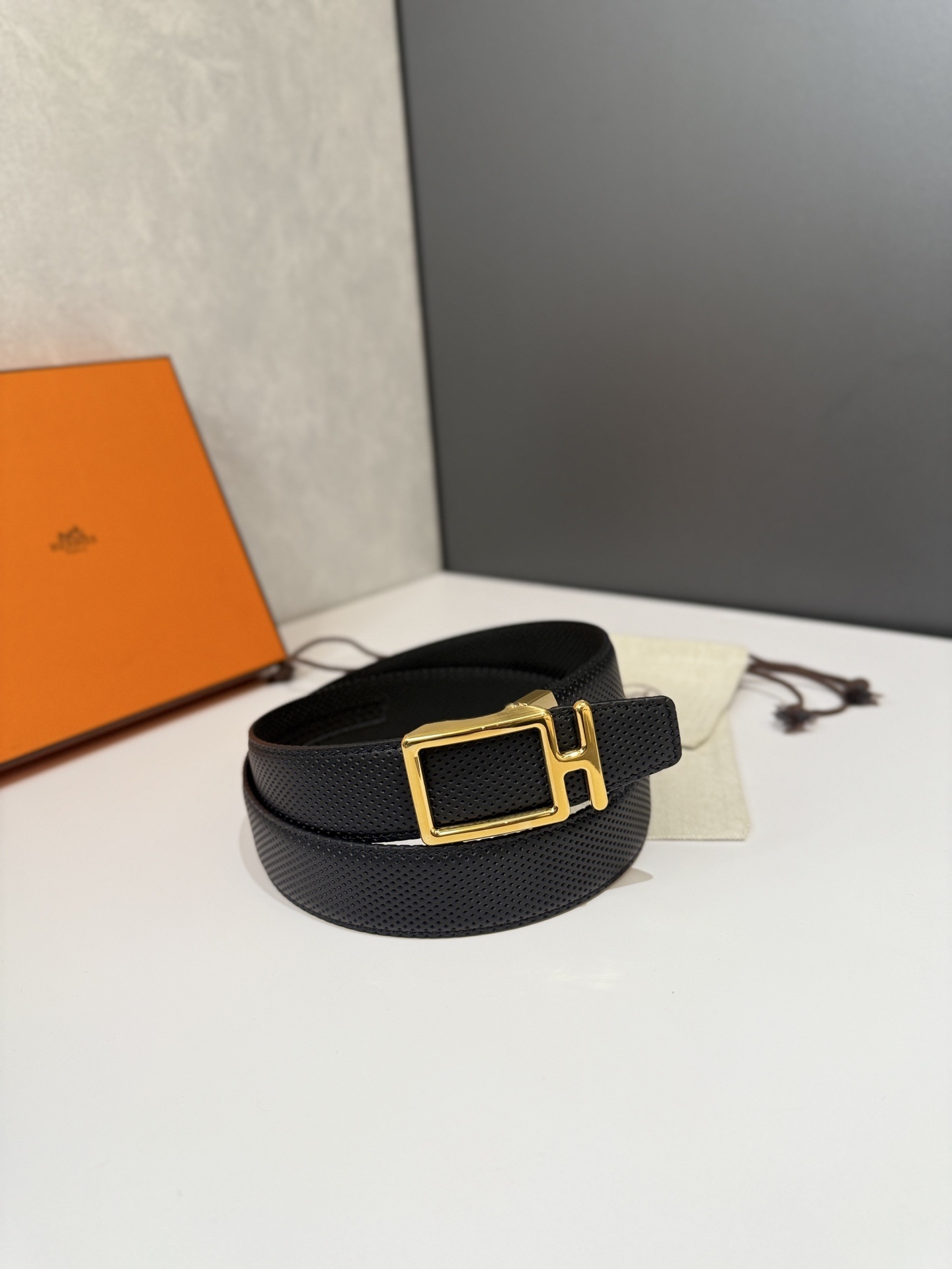 Luxury Men's Perforated Black Leather Belt with Gold H Buckle