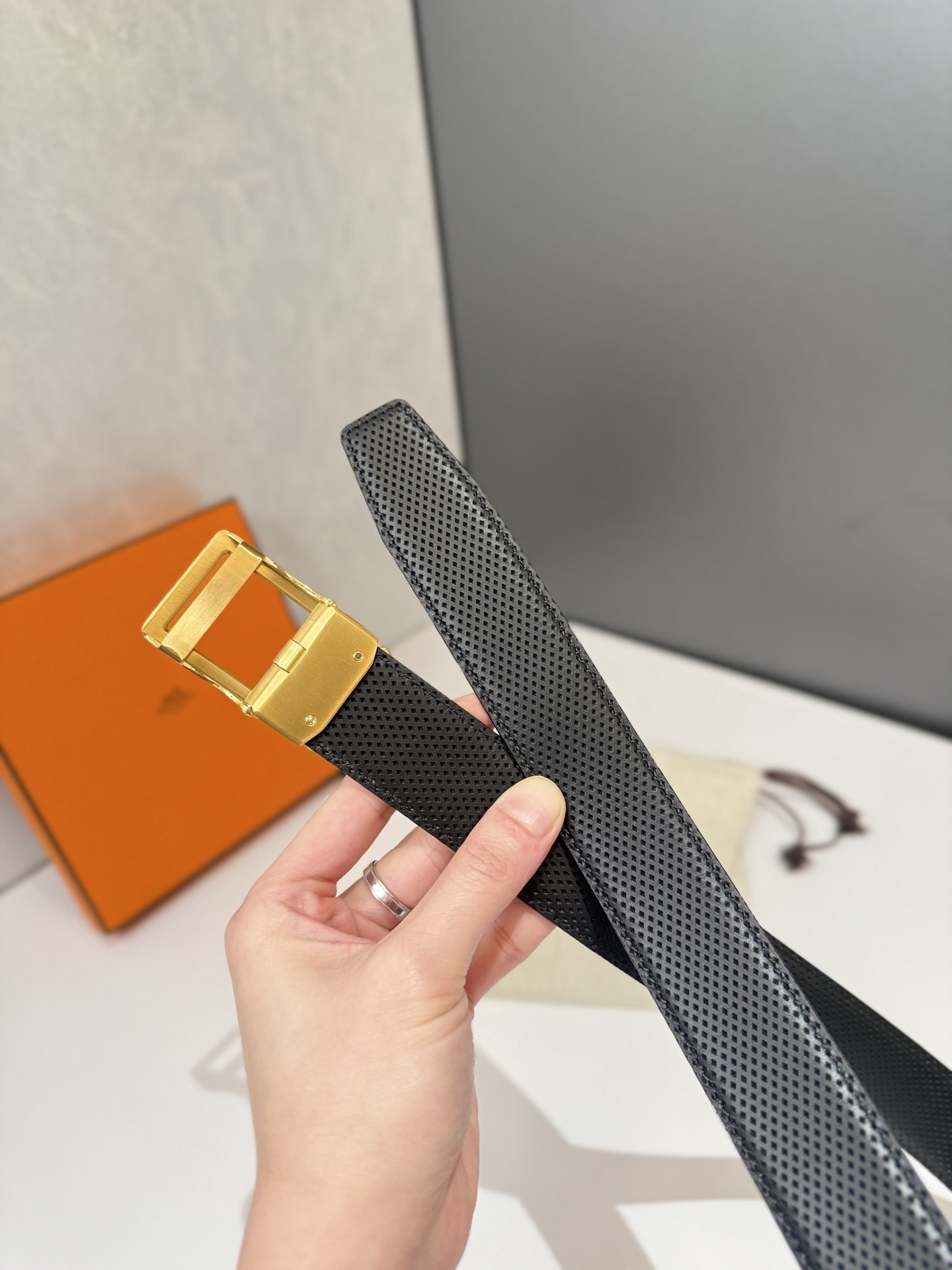 Luxury Men's Perforated Black Leather Belt with Gold H Buckle