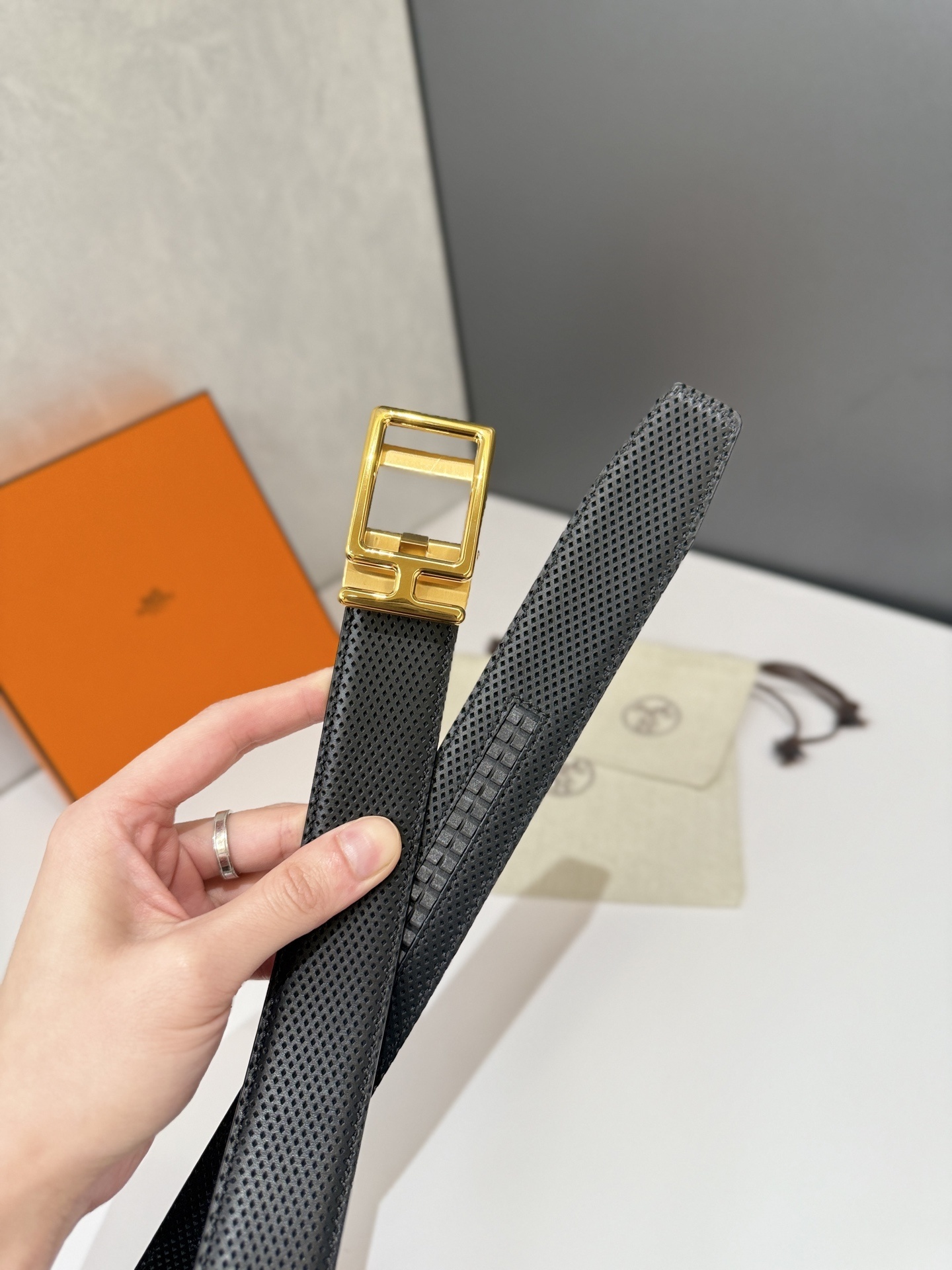 Luxury Men's Perforated Black Leather Belt with Gold H Buckle