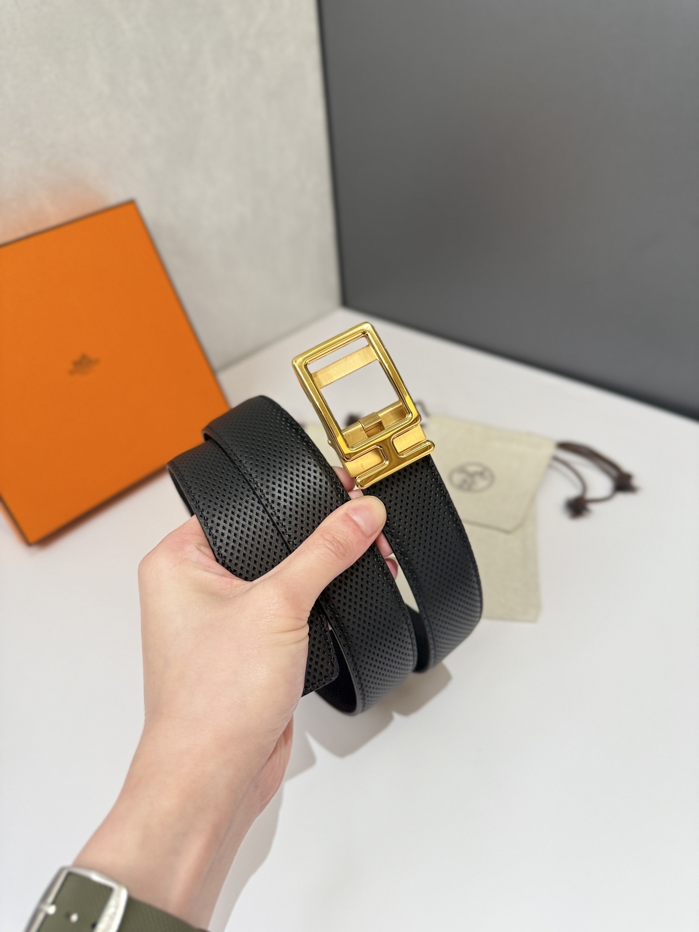 Luxury Men's Perforated Black Leather Belt with Gold H Buckle