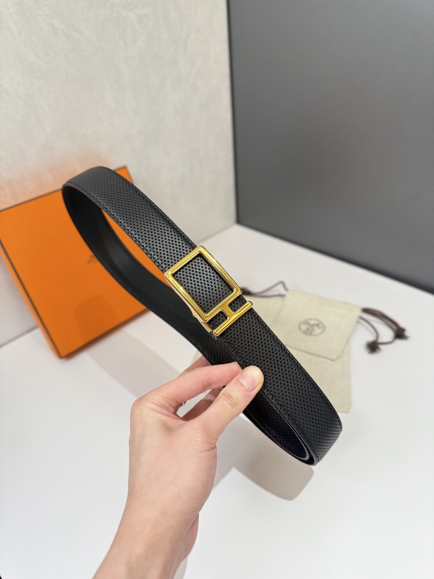 Luxury Men’s Perforated Black Leather Belt with Gold H Buckle