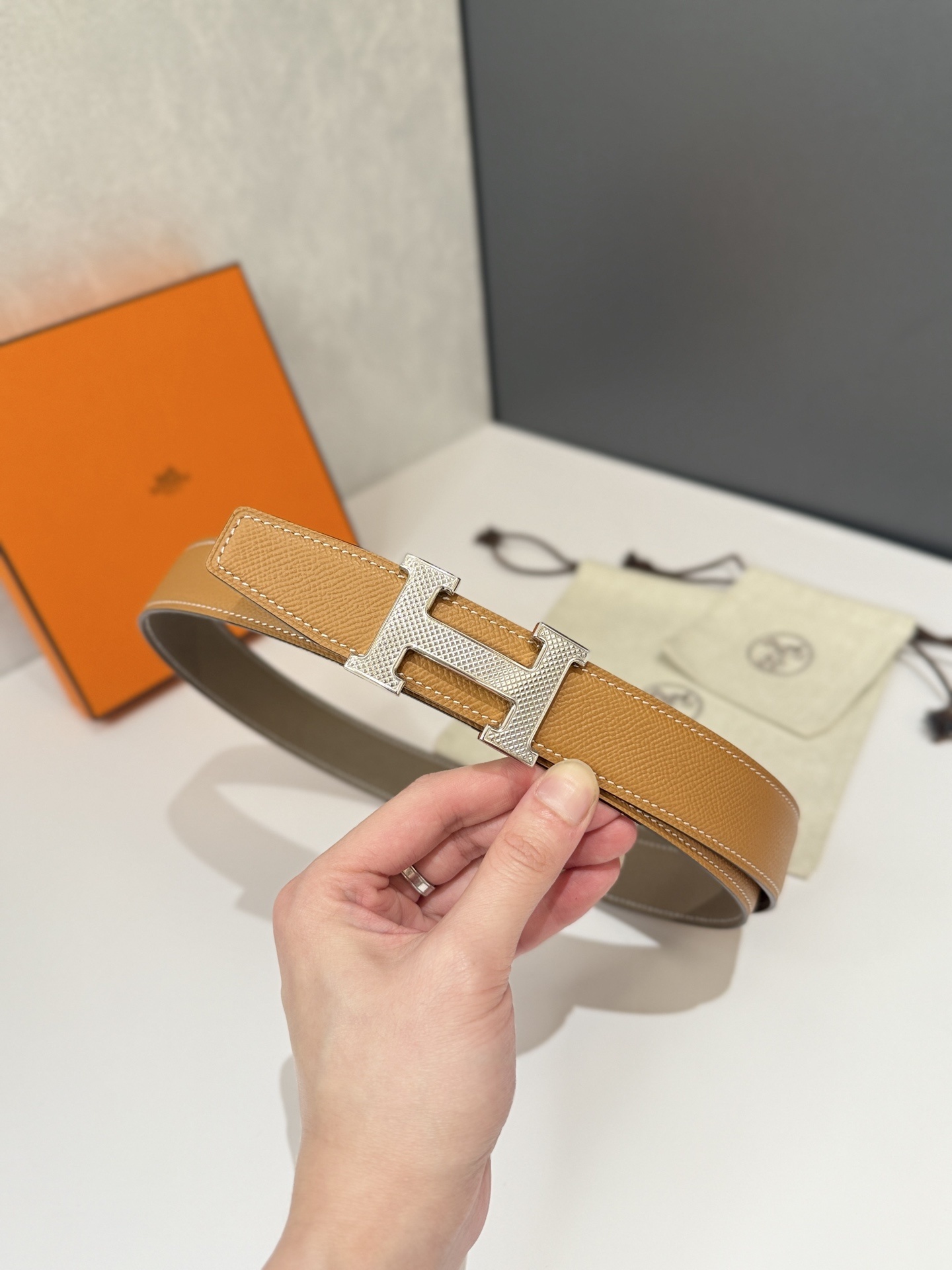 Hermès H Belt in Taupe Epsom Leather with Silver Buckle