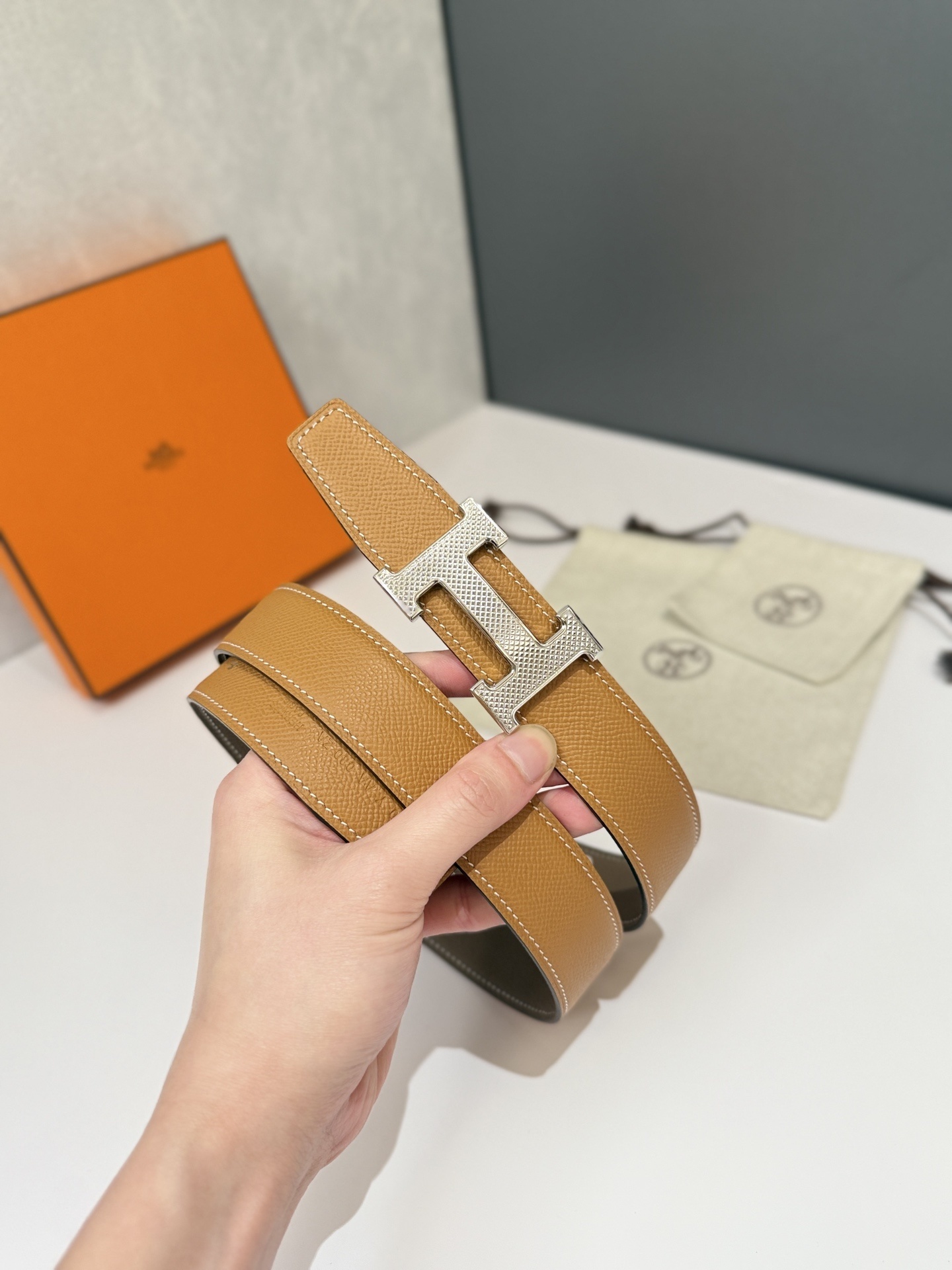 Hermès H Belt in Taupe Epsom Leather with Silver Buckle