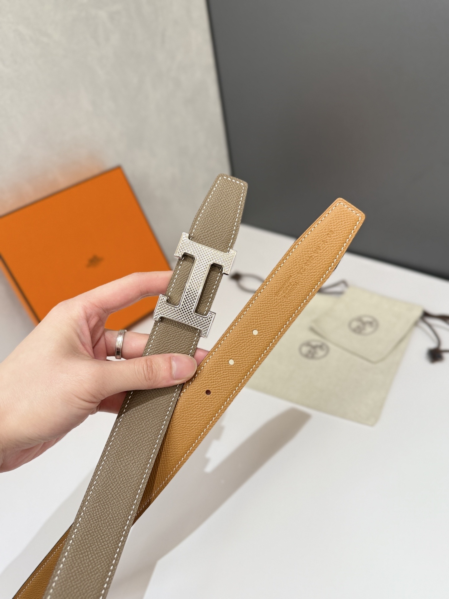 Hermès H Belt in Taupe Epsom Leather with Silver Buckle
