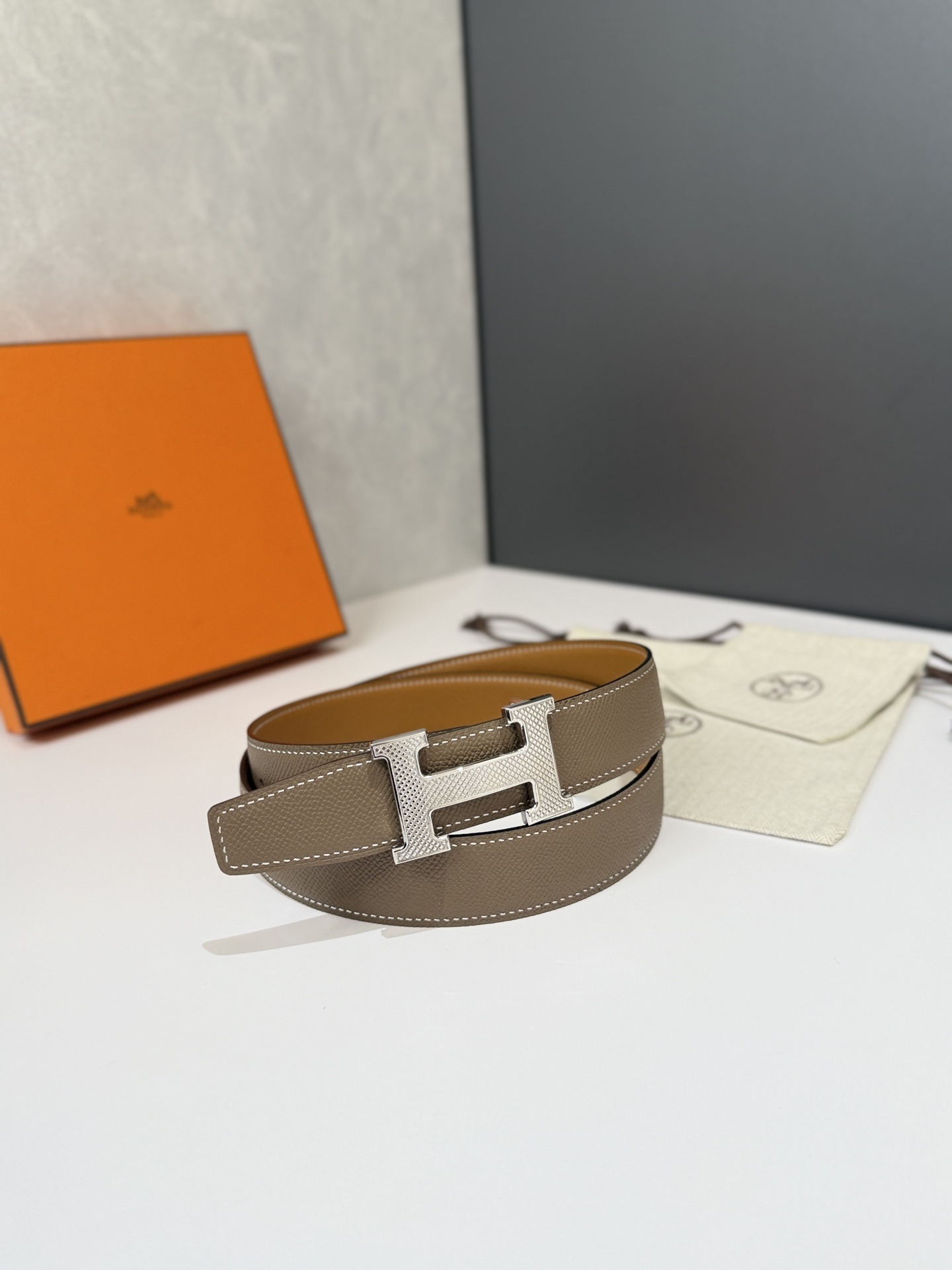 Hermès H Belt in Taupe Epsom Leather with Silver Buckle